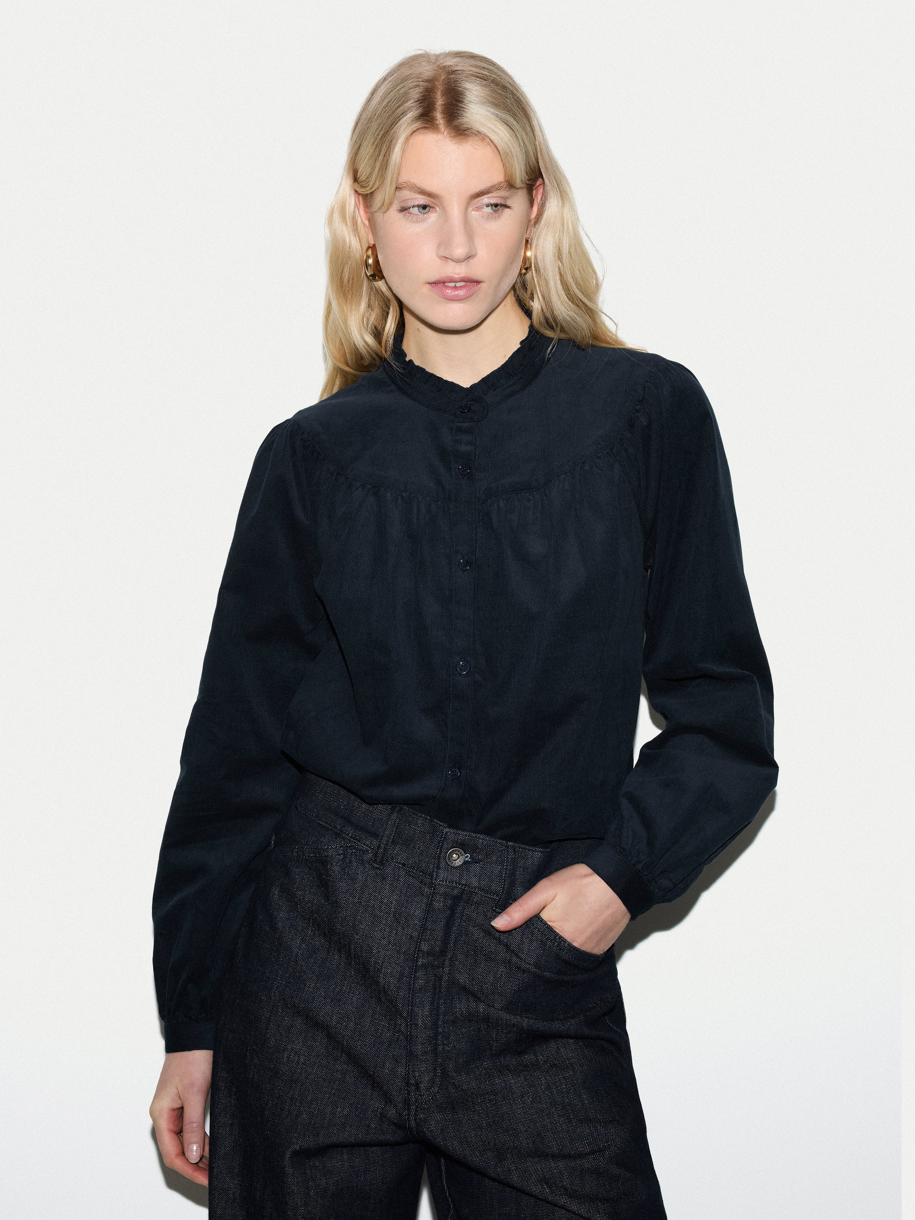Baby Cord Frill Neck Shirt | Navy