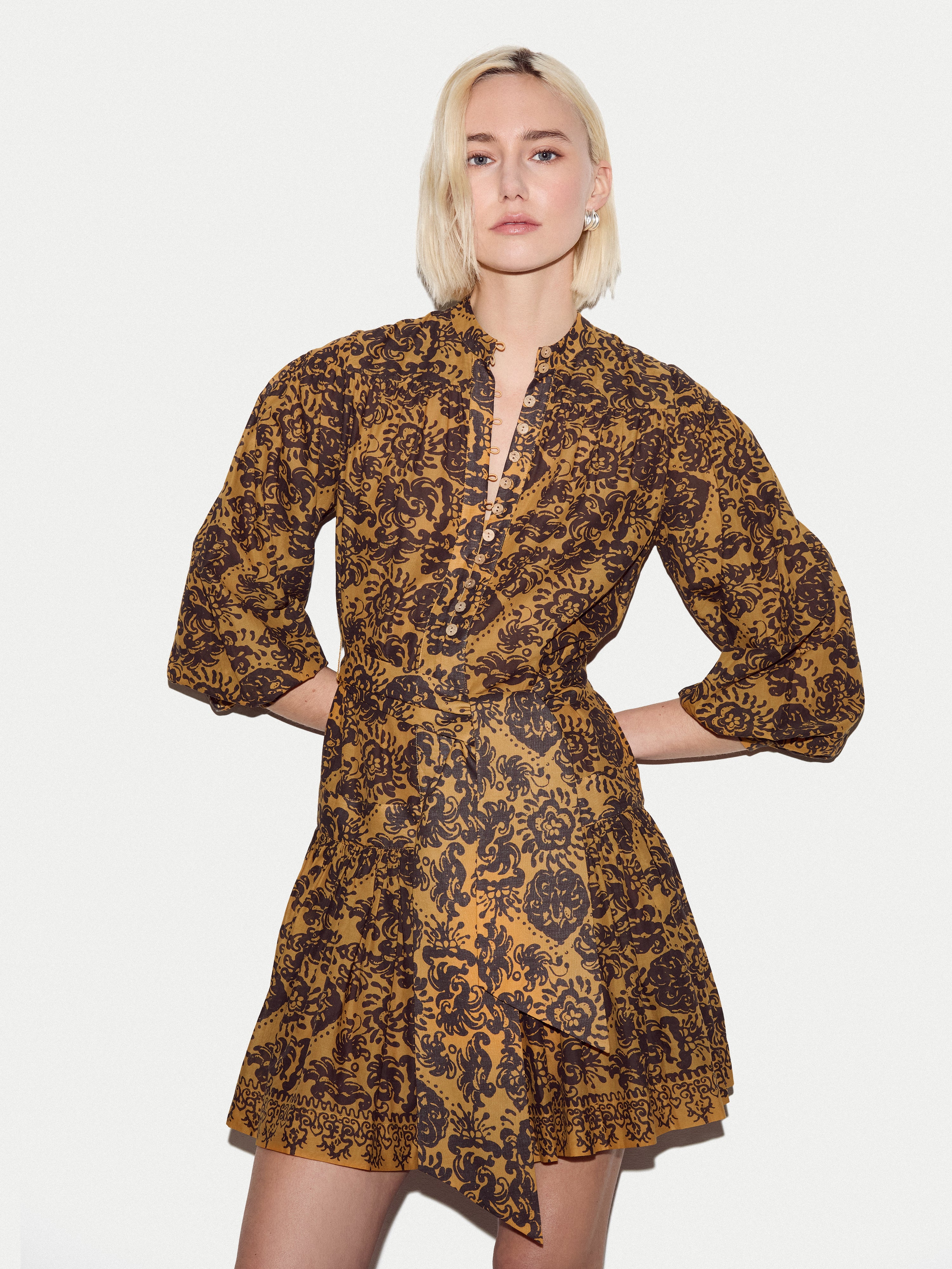 Batik Cotton Button Mini Dress | Yellow - Image 2