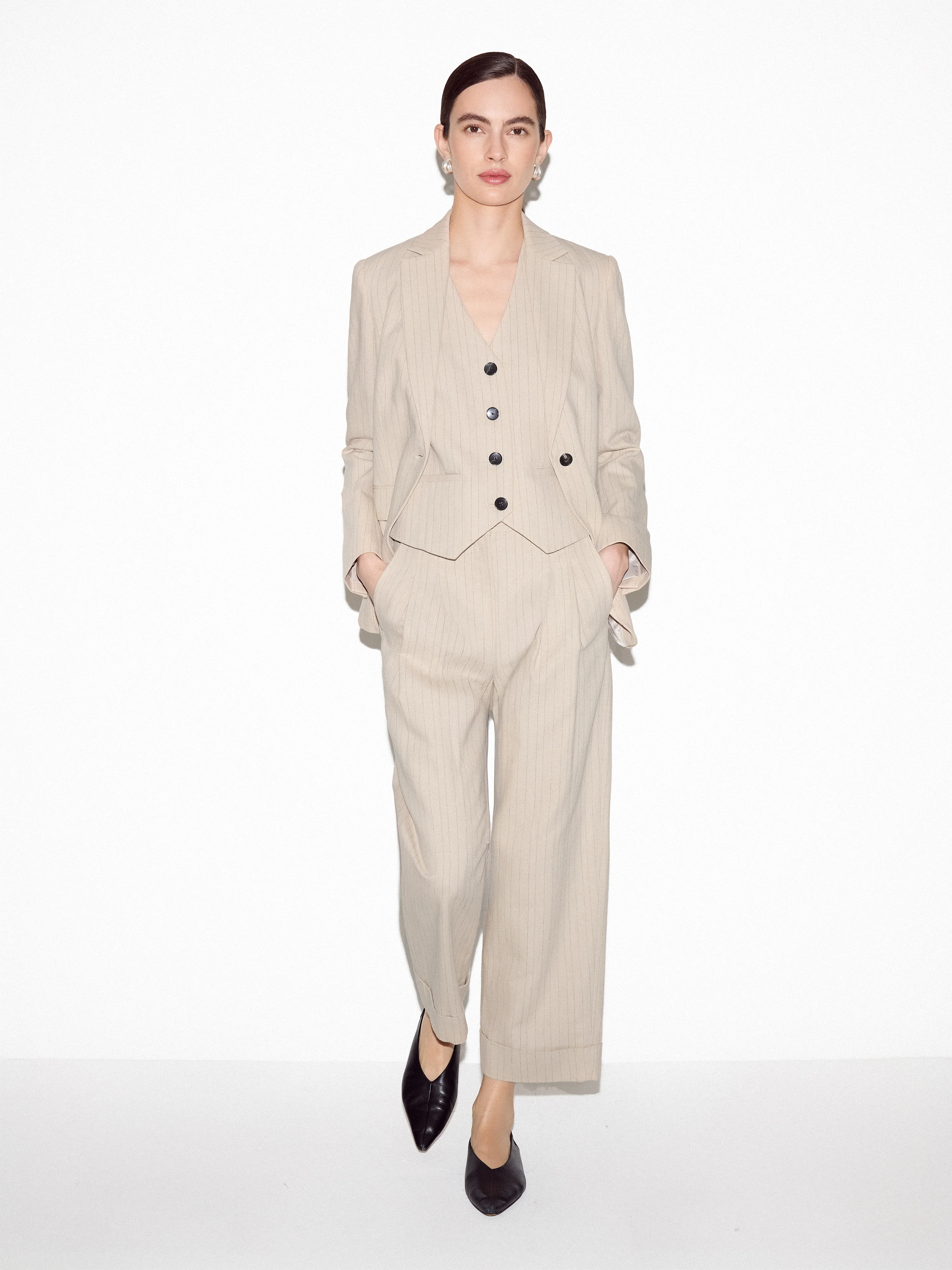 Linen Cotton Stripe Waistcoat | Beige - Image 4