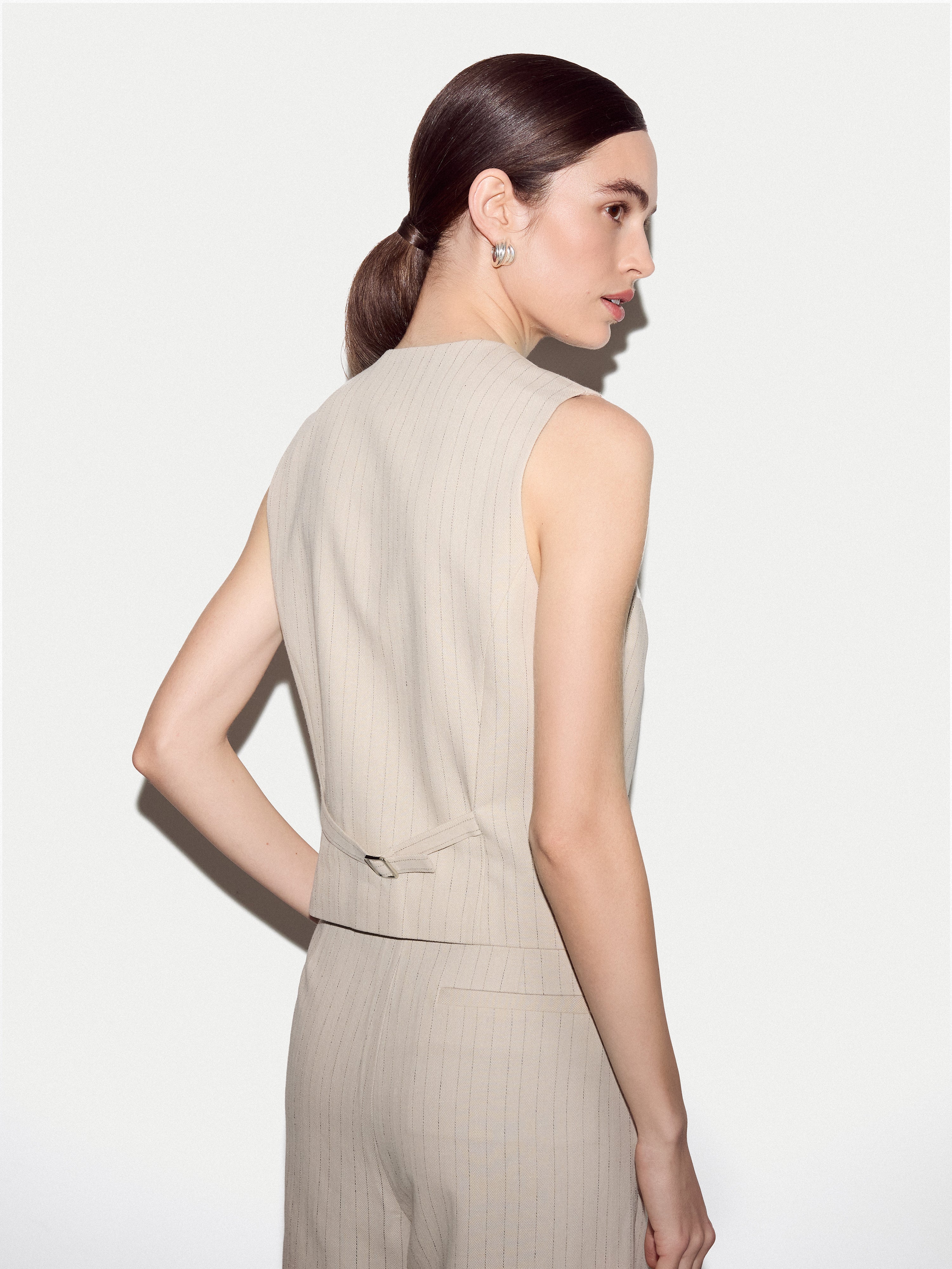 Linen Cotton Stripe Waistcoat | Beige - Image 5