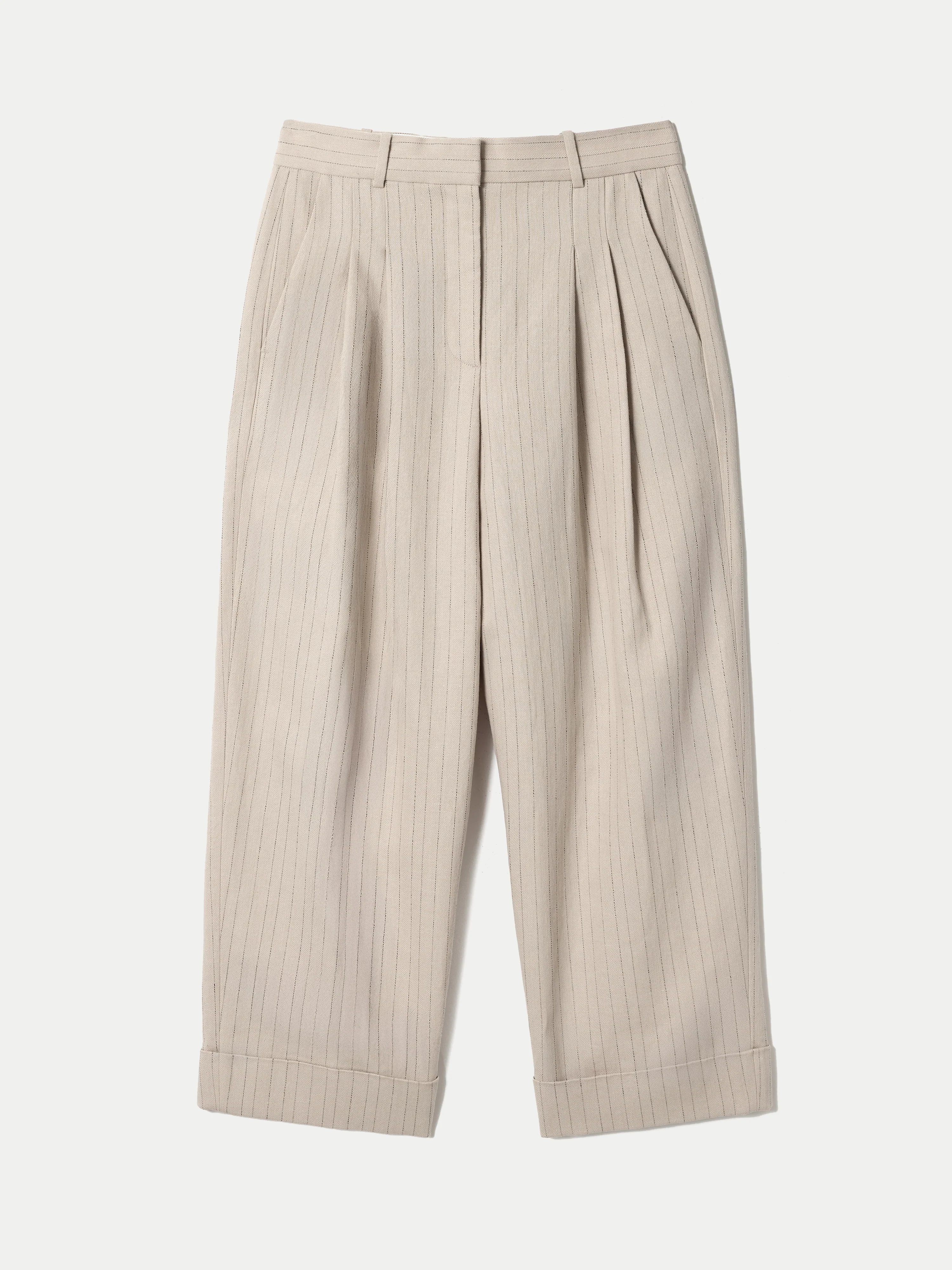 Linen Cotton Stripe Turn Up Trouser | Beige - Image 5
