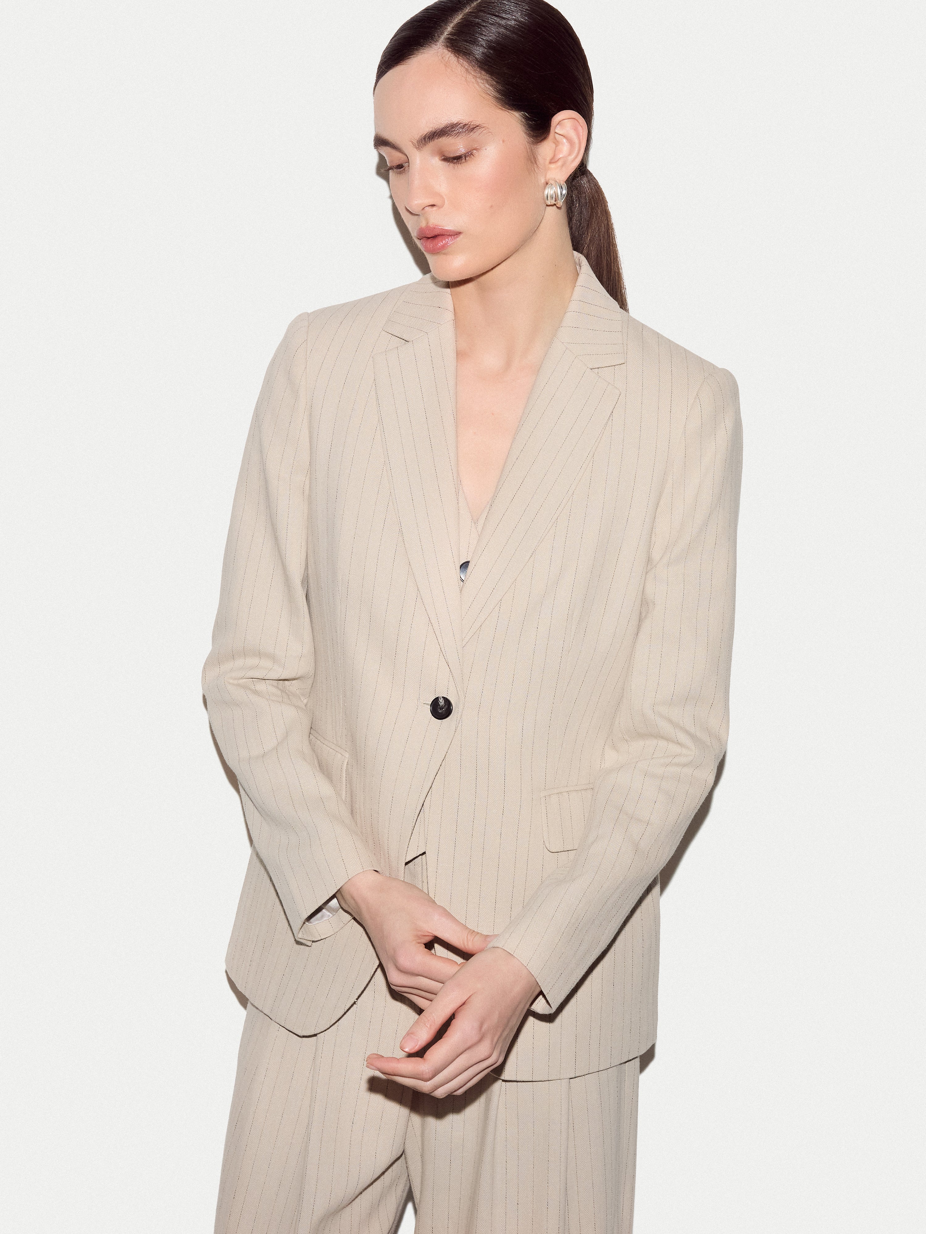 Duke Linen Cotton Stripe Blazer | Beige - Image 4