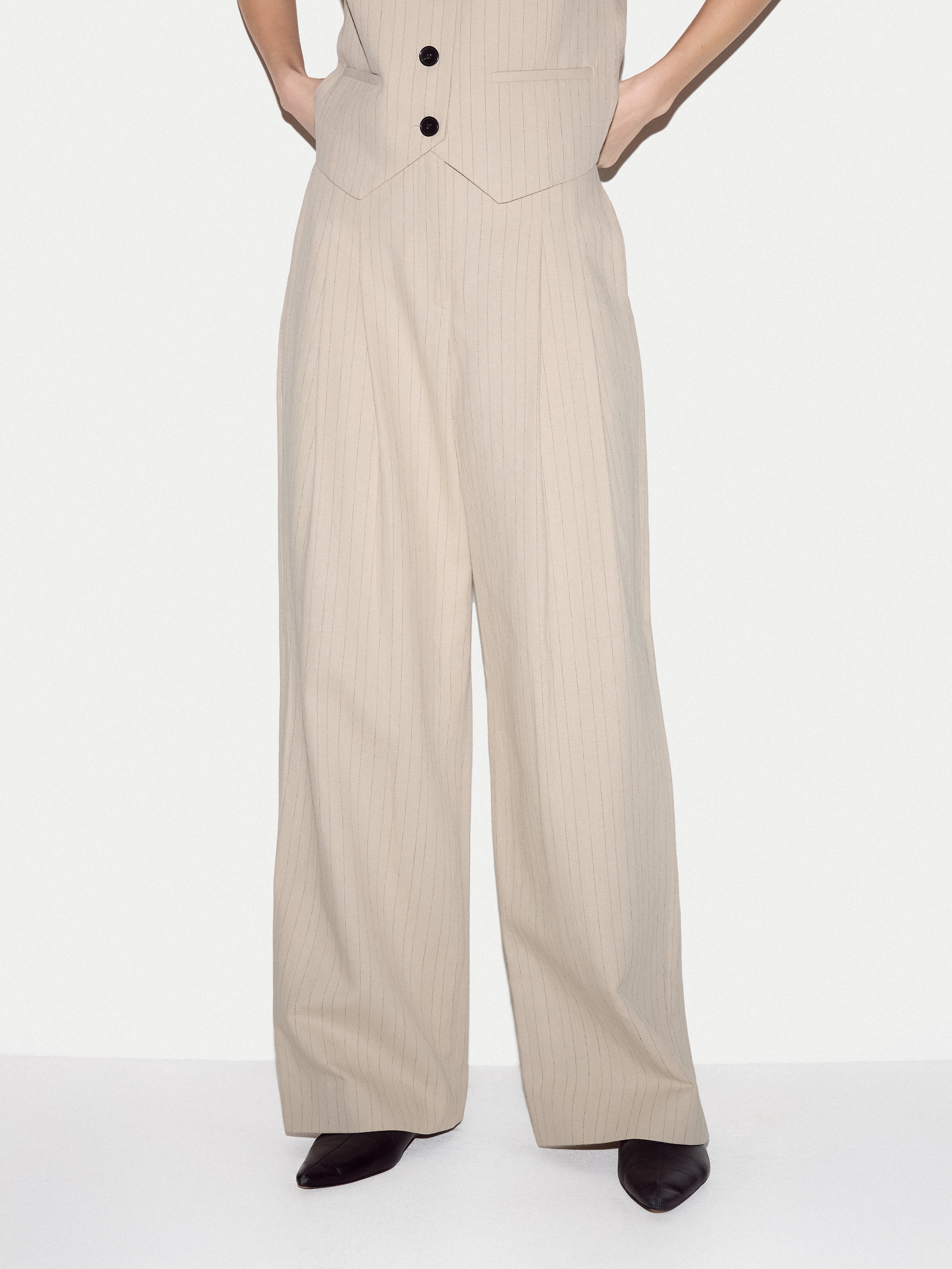 Kemp Linen Cotton Stripe Trouser | Beige - Image 3