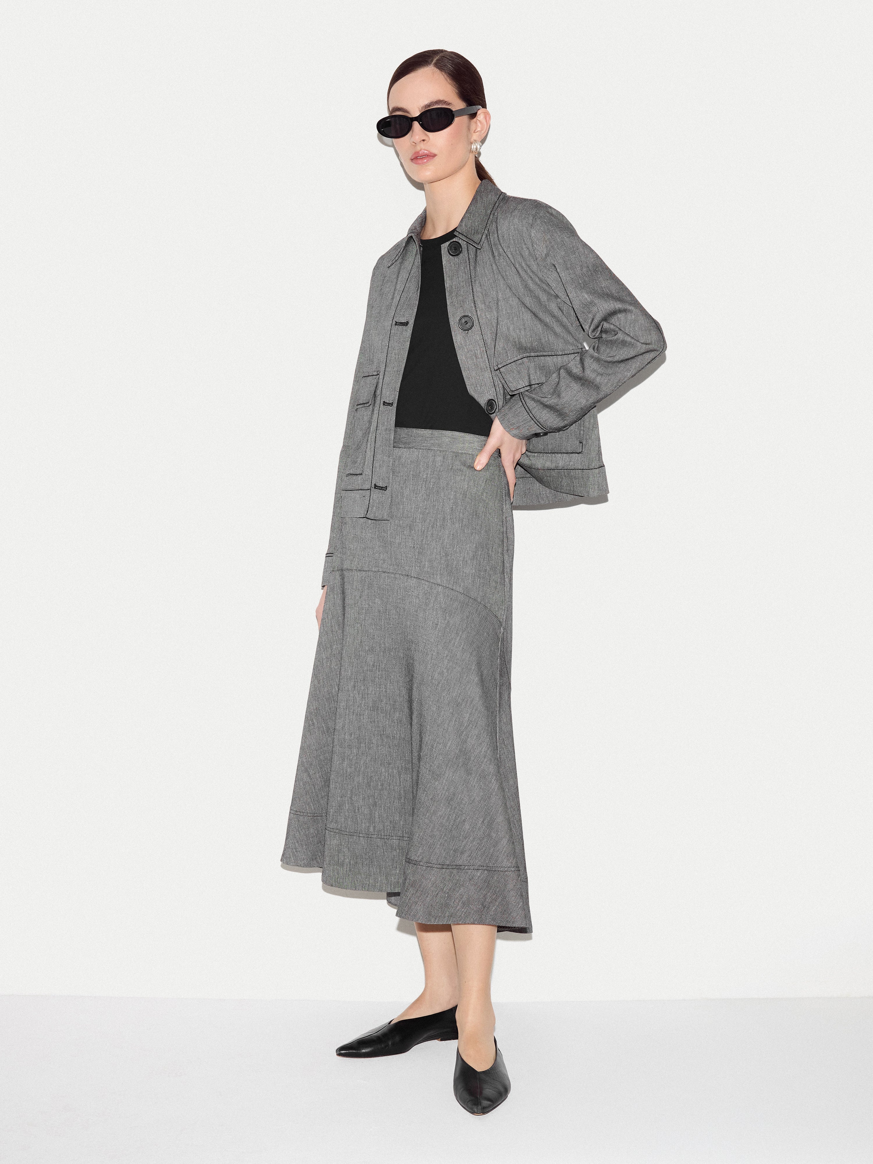 Chambray Linen Blend Asymmetric Midi Skirt | Black