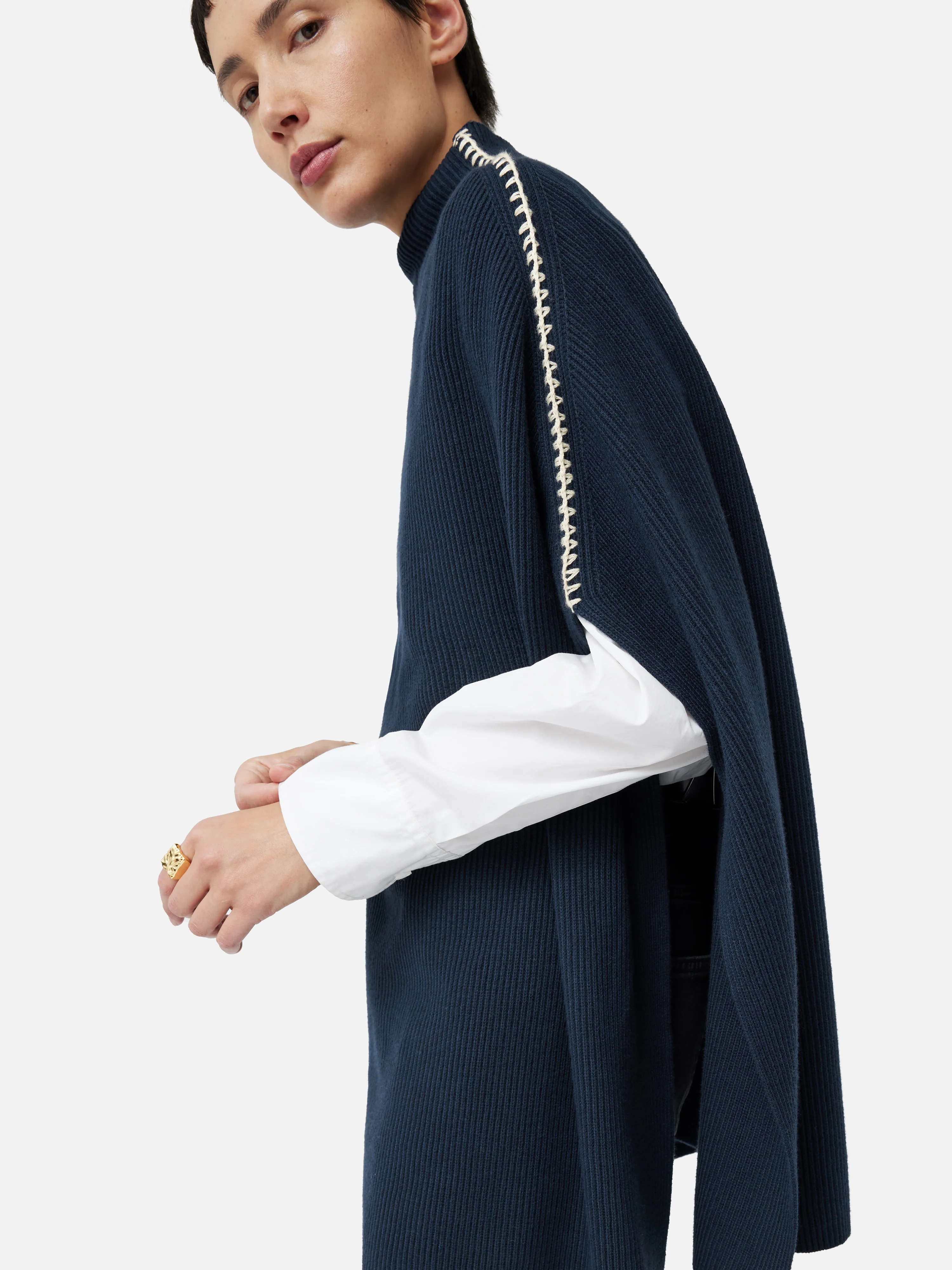 Blanket Stitch Poncho | Navy - Image 4