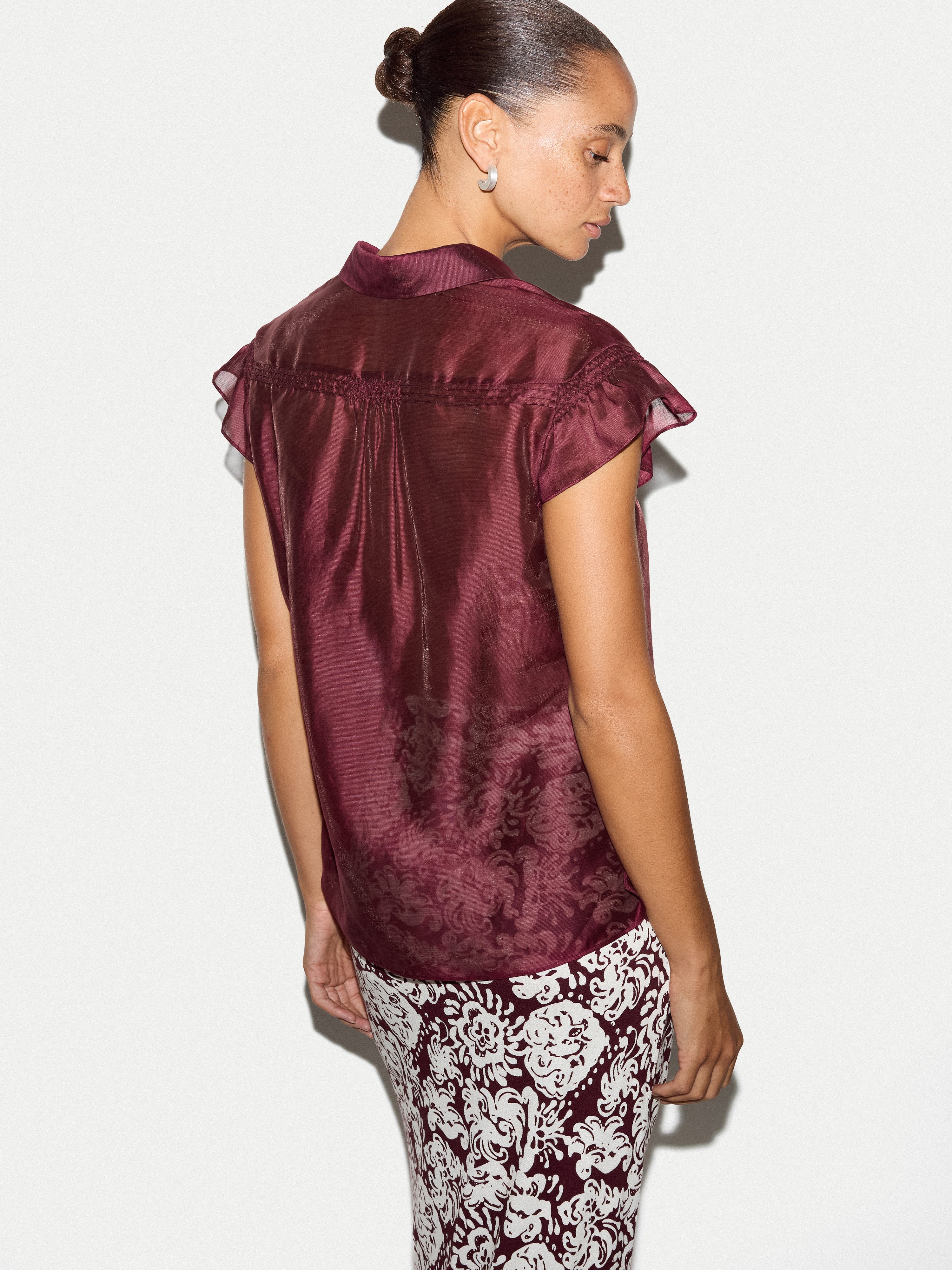 Linen Blend Smocking Blouse | Burgundy - Image 3