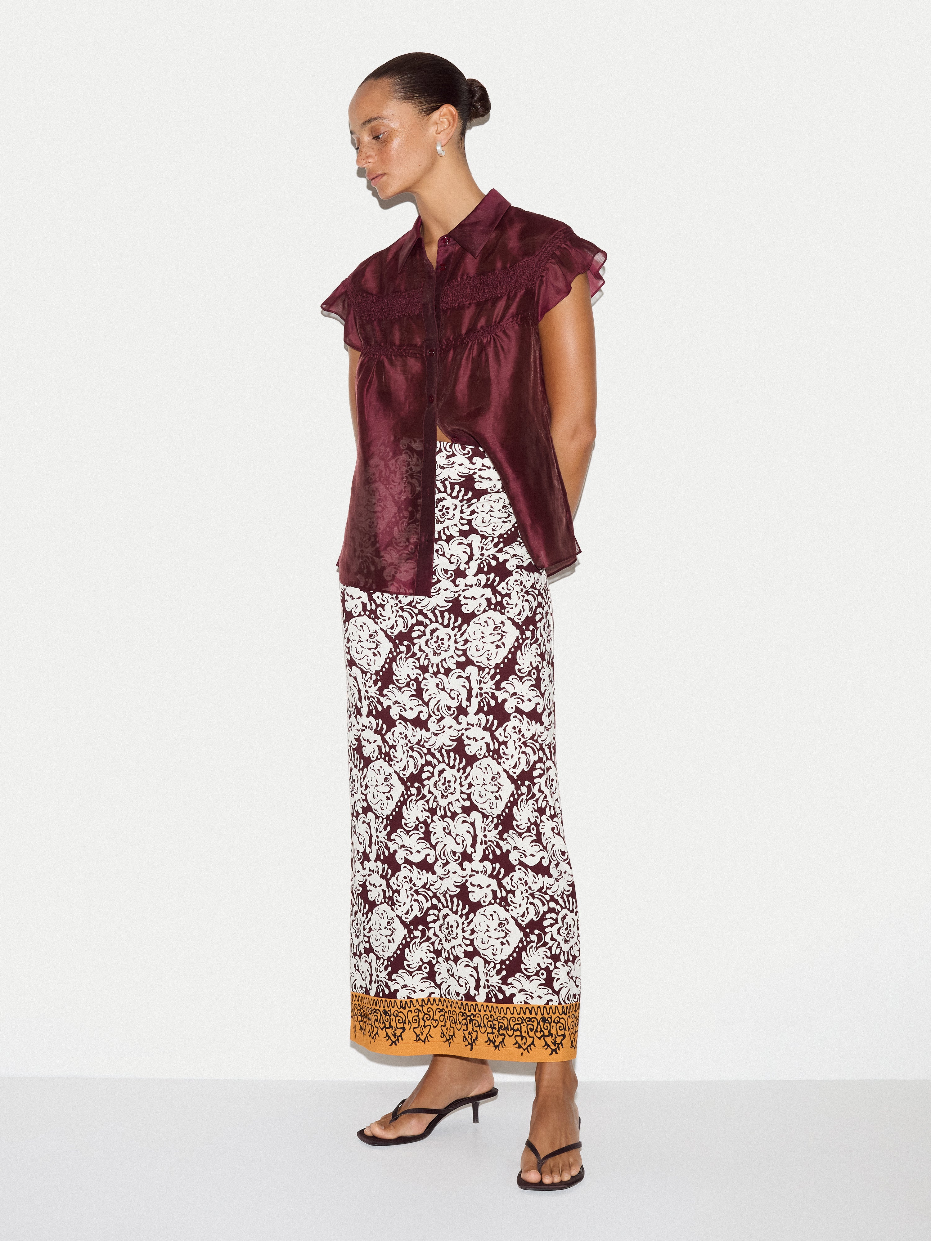 Linen Blend Smocking Blouse | Burgundy - Image 4