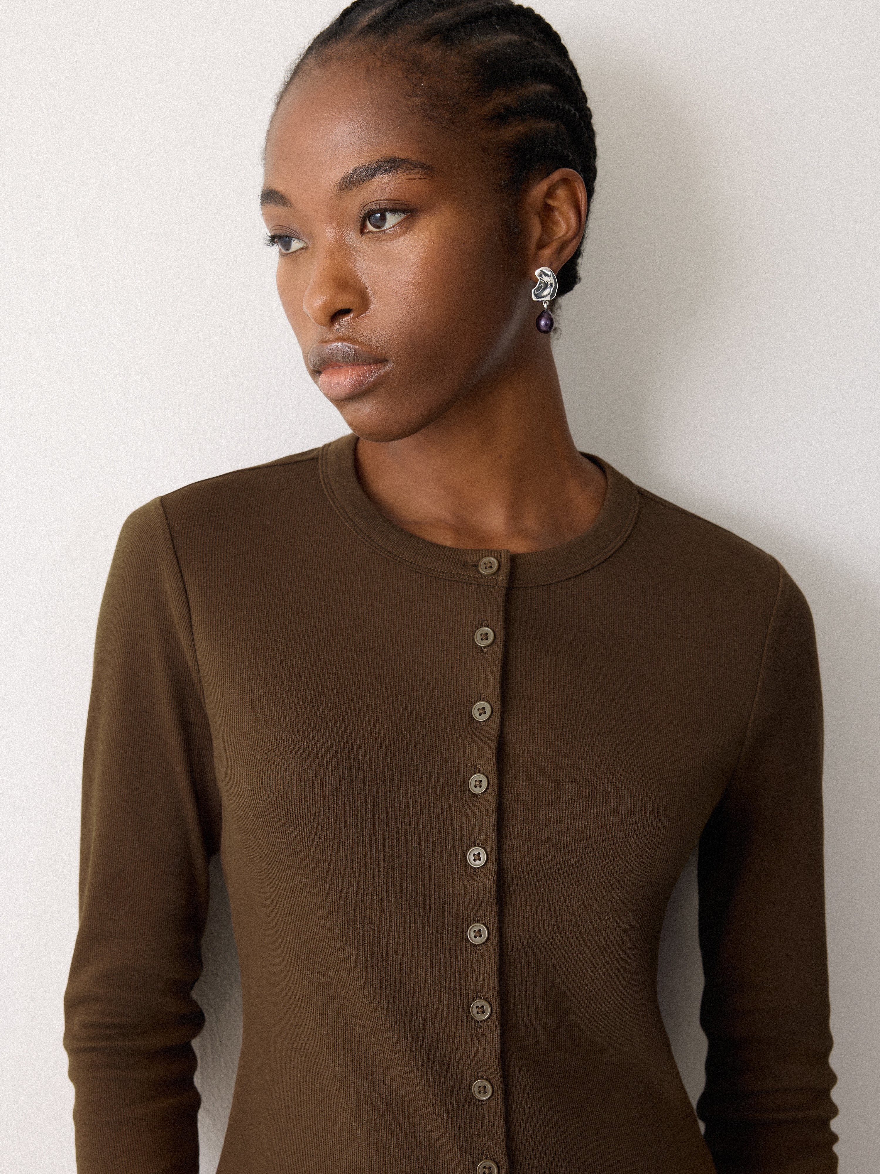 Button Through Baby Tee Cardigan | Brown - Image 3