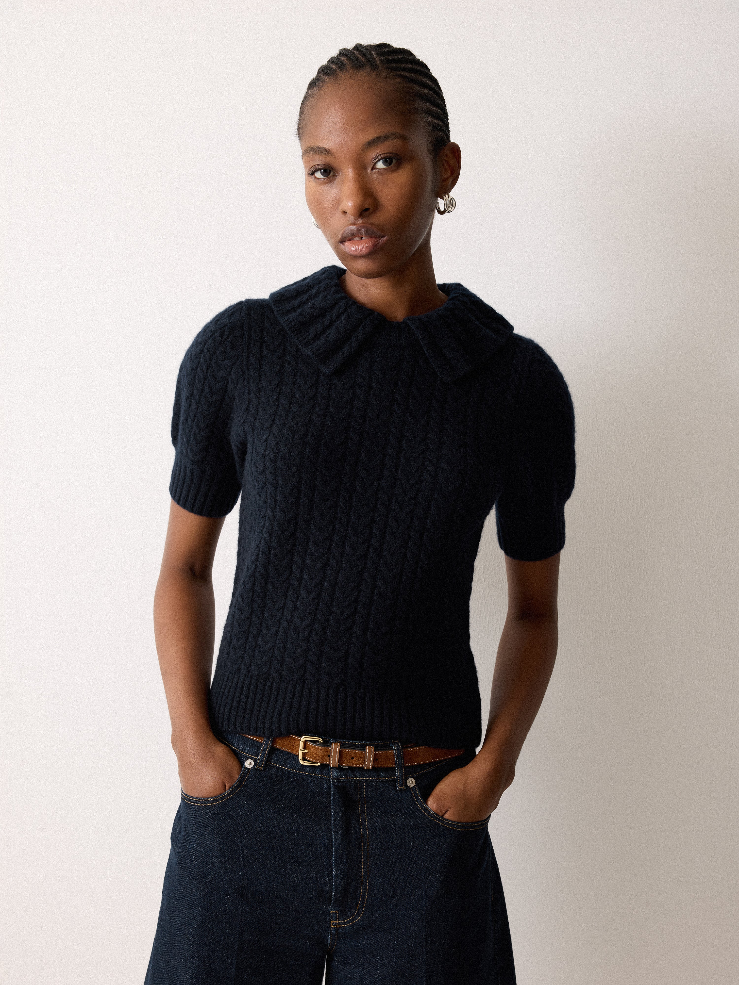 Cable Knit Collar T-Shirt | Navy