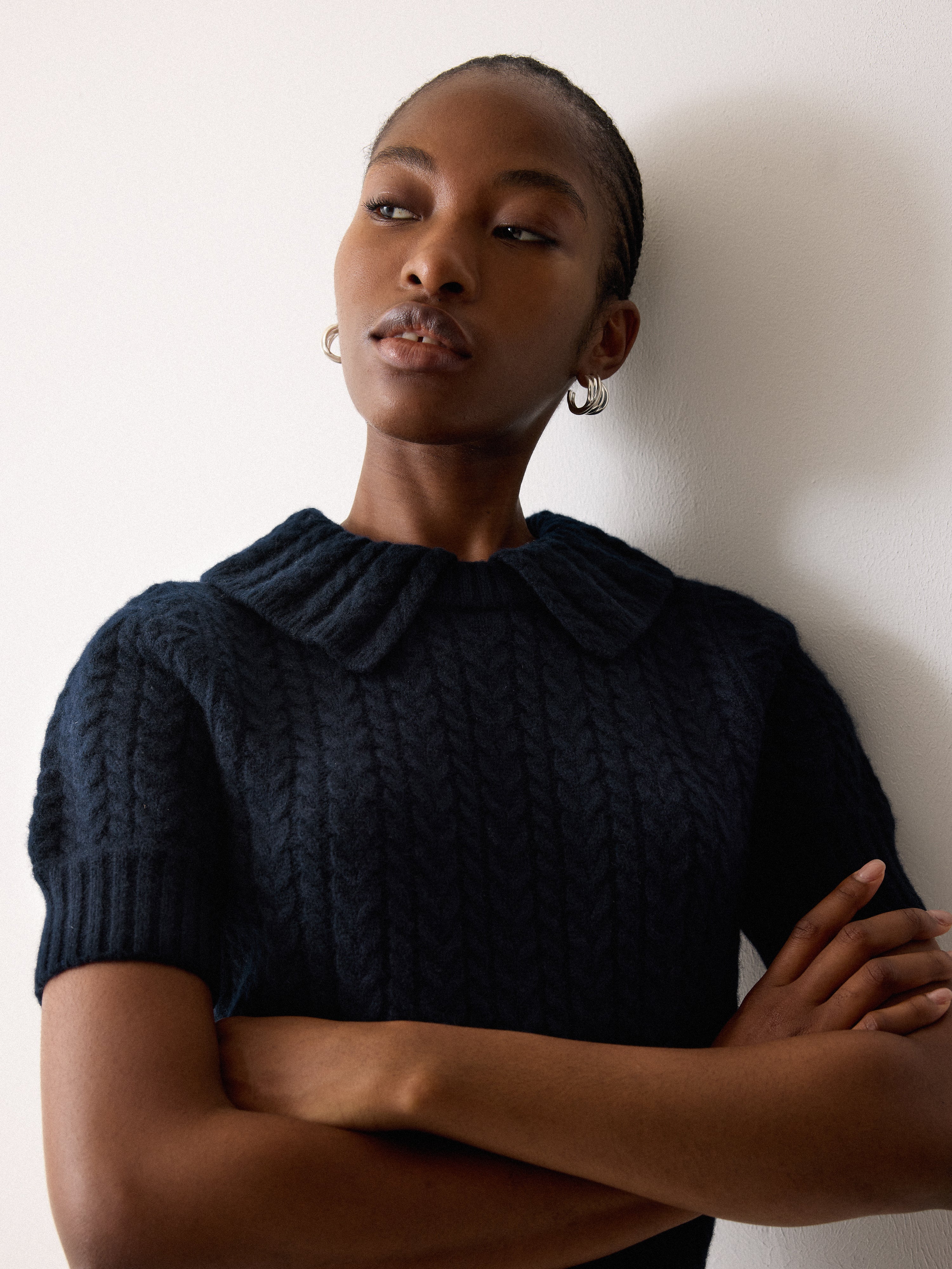 Cable Knit Collar T-Shirt | Navy - Image 2
