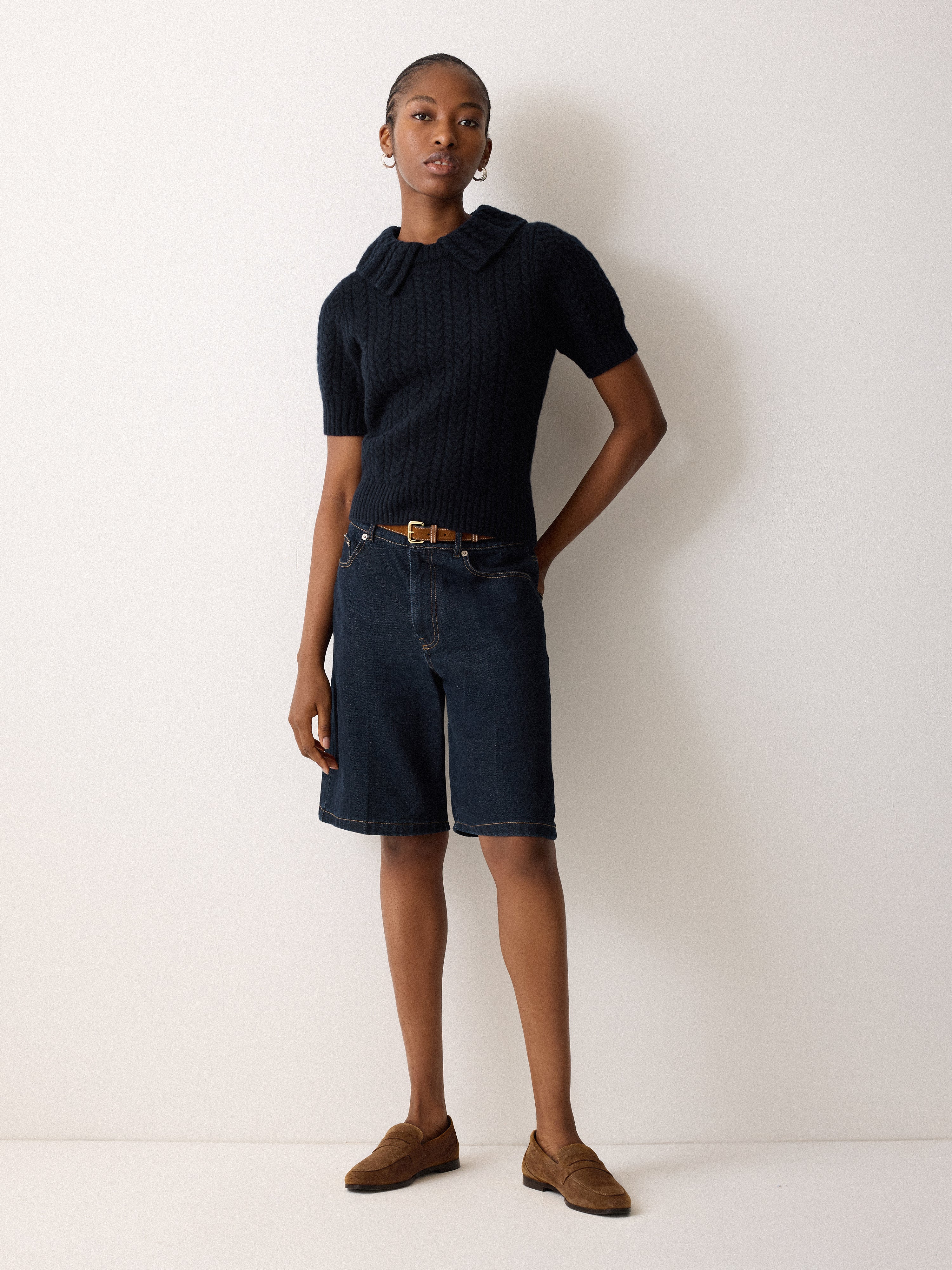 Cable Knit Collar T-Shirt | Navy - Image 4