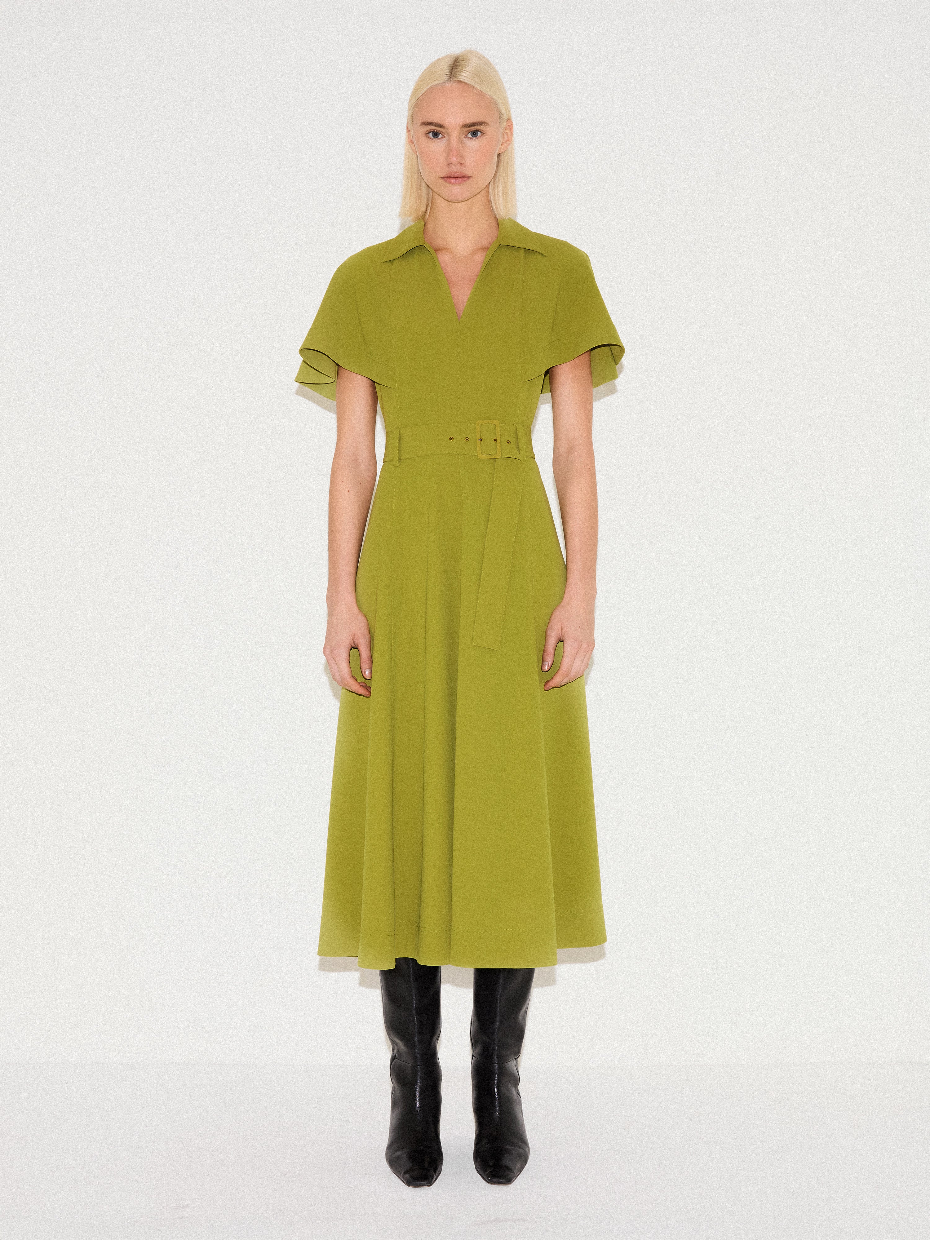 Cape Sleeve Belted Shirt Dress | Green