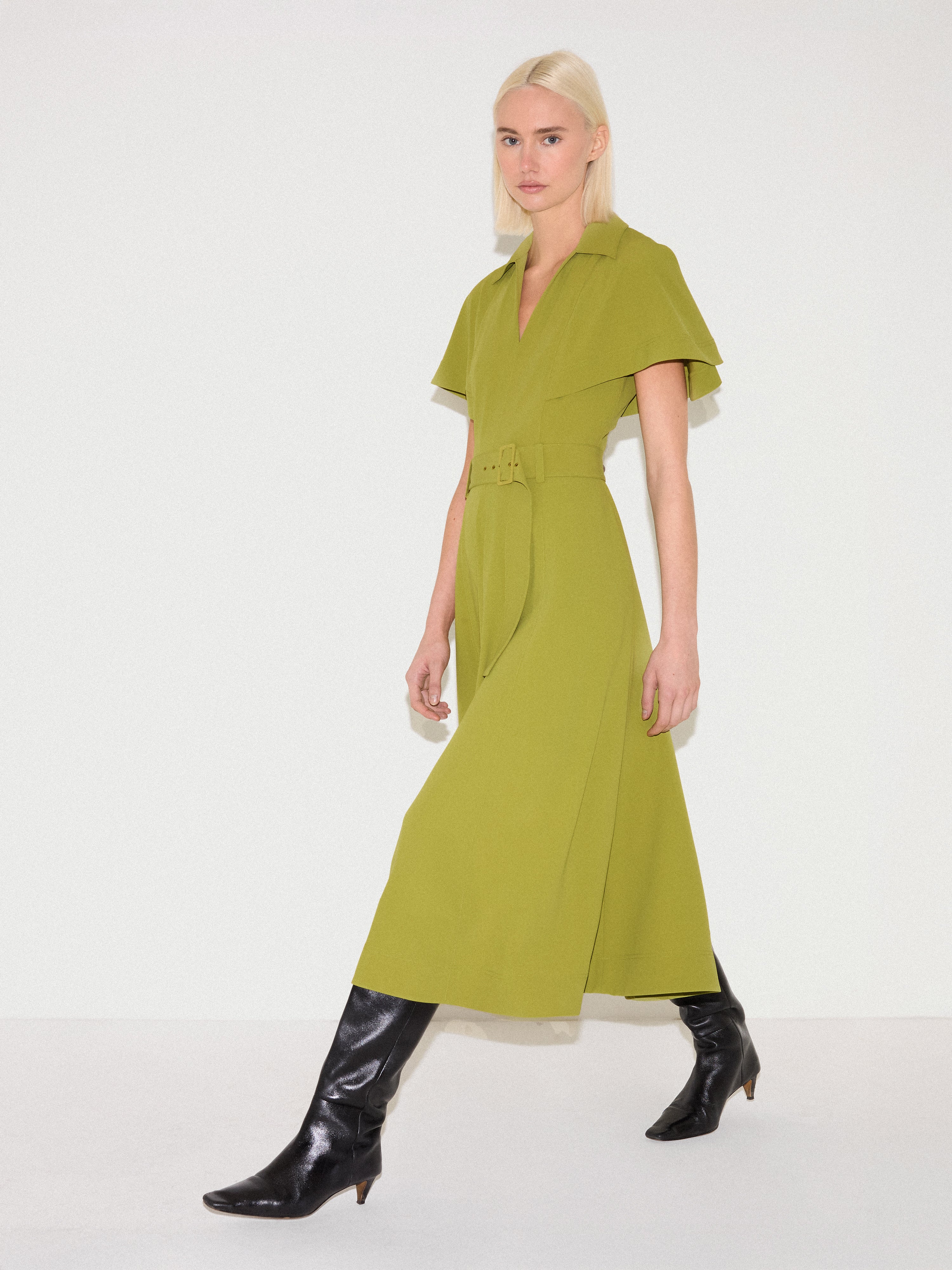 Cape Sleeve Belted Shirt Dress | Green - Image 3