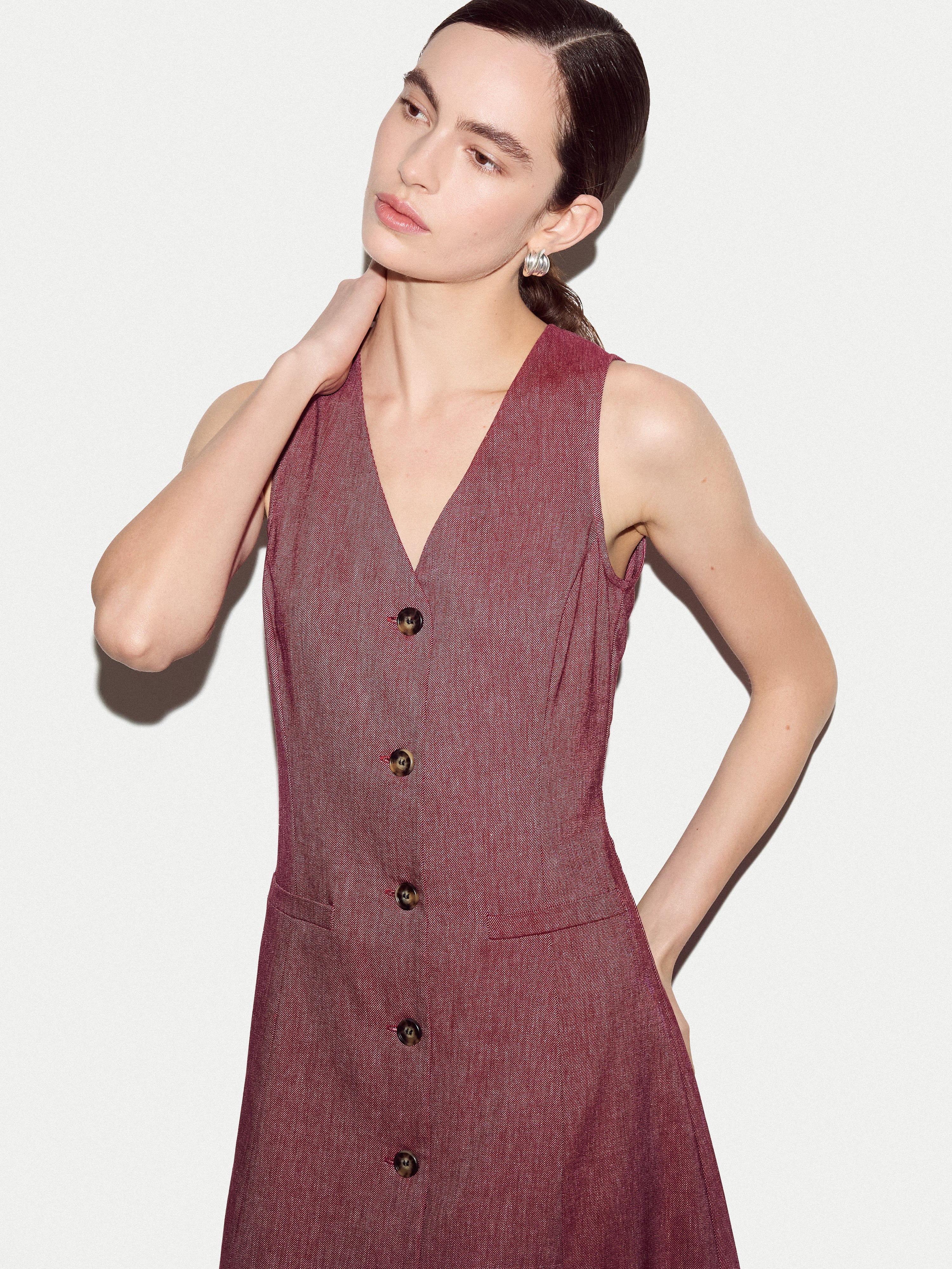 Chambray Linen Waistcoat Dress | Red - Image 2