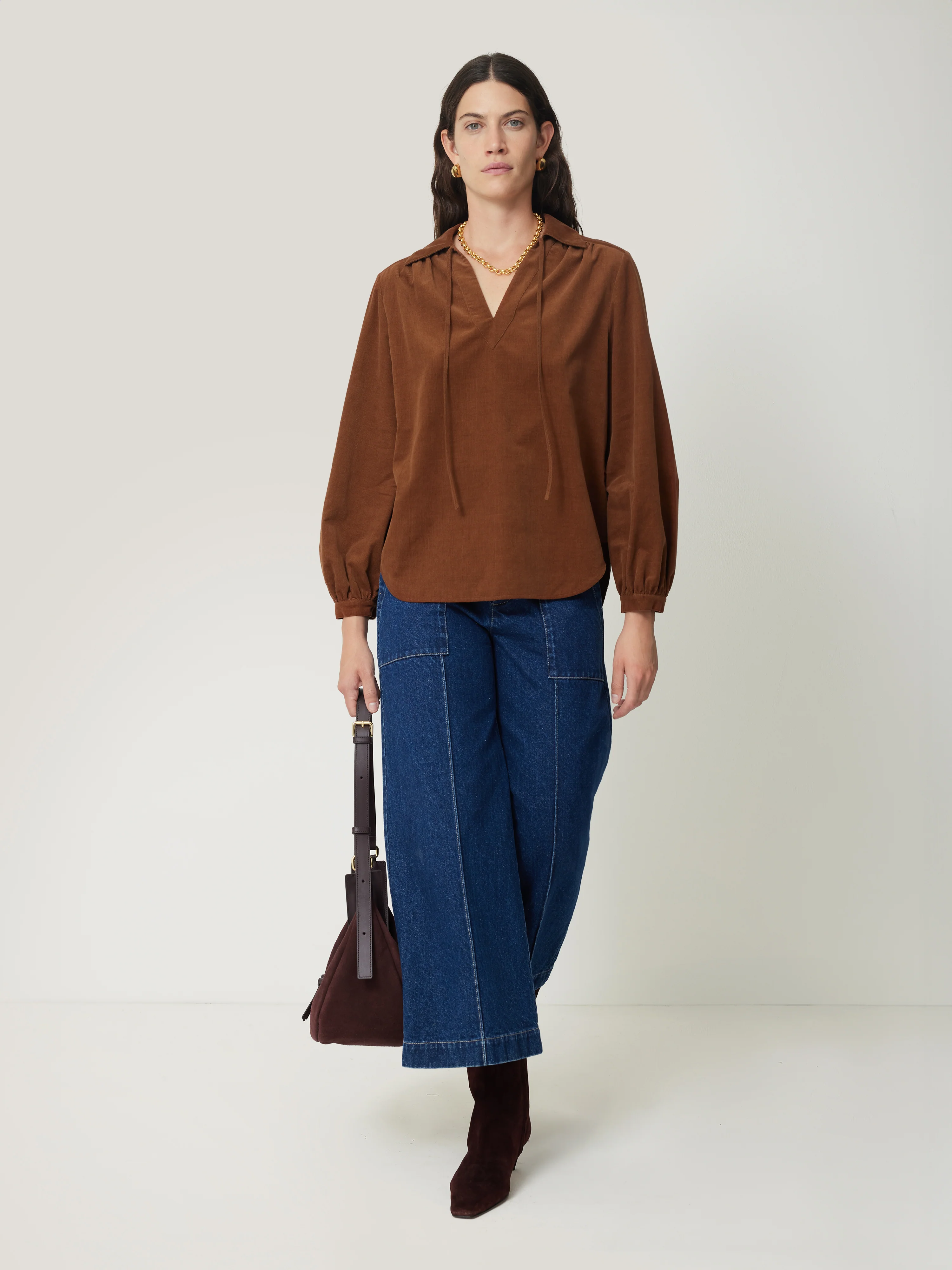 Corduroy V Neck Top | Brown - Image 3