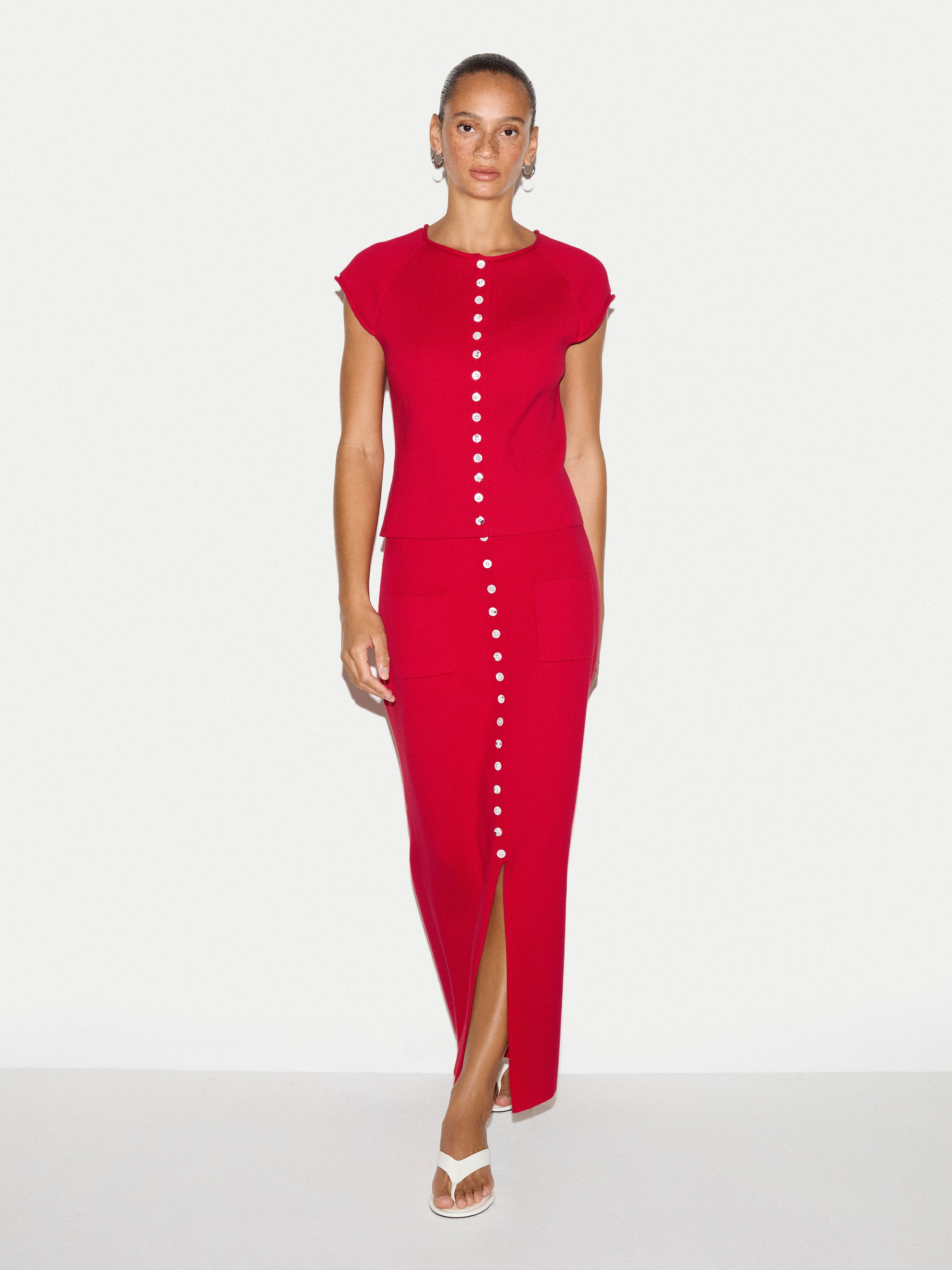 Cotton Button Knitted Top | Red - Image 3