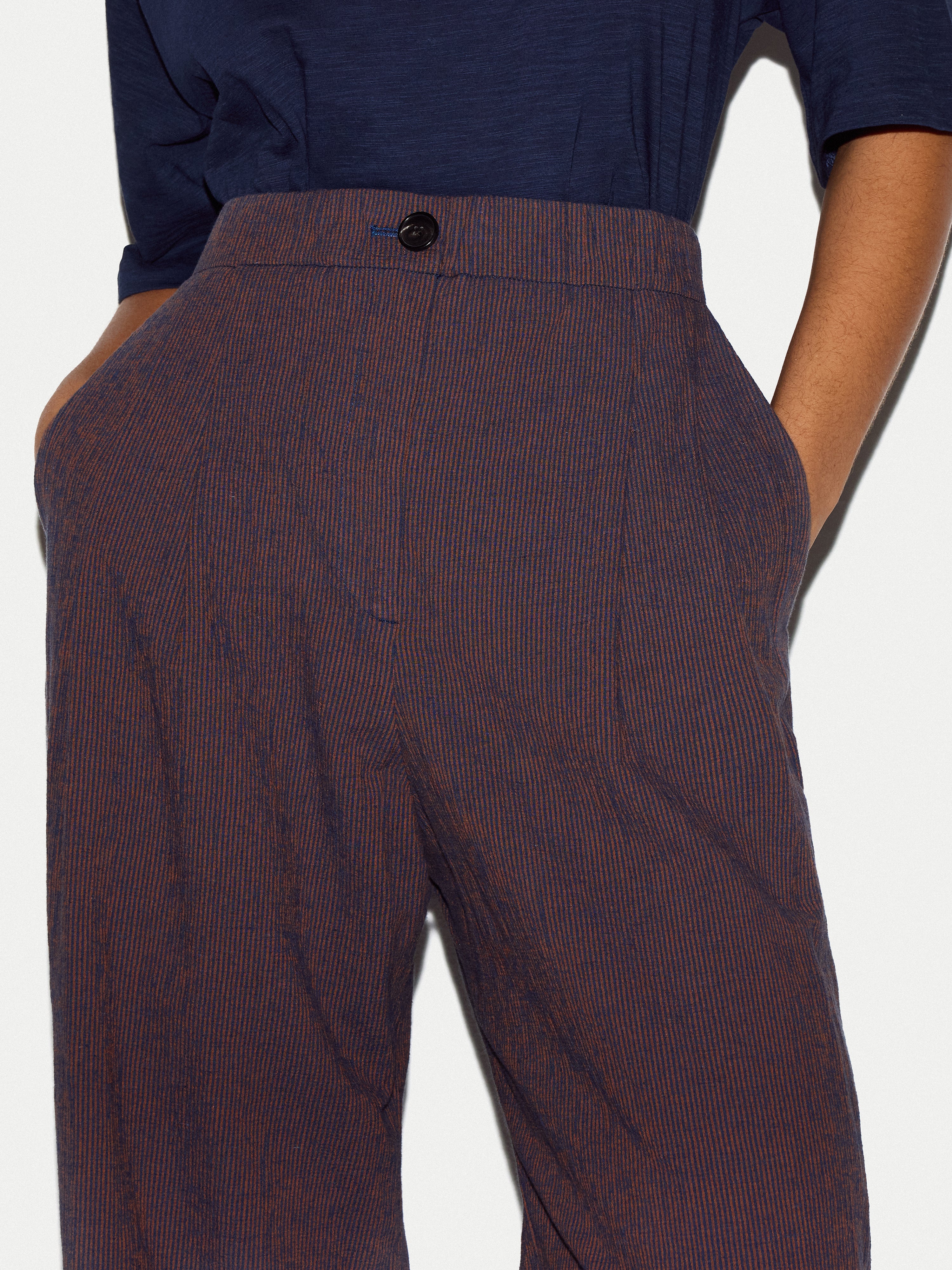 Cotton Linen Stripe Relaxed Trouser | Navy - Image 5