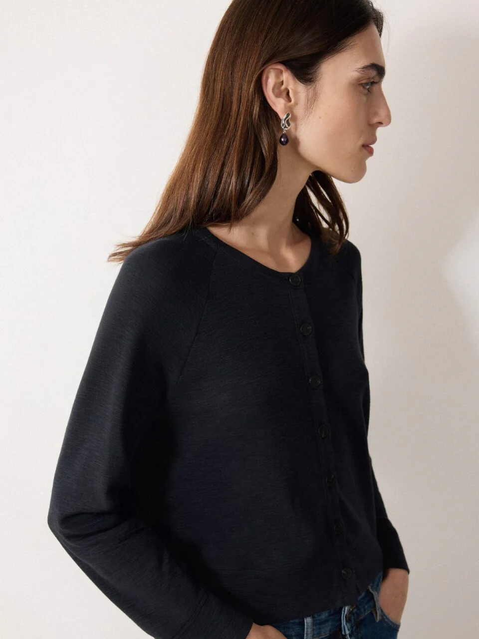 Cotton Luxe Crew Cardigan | Navy - Image 3