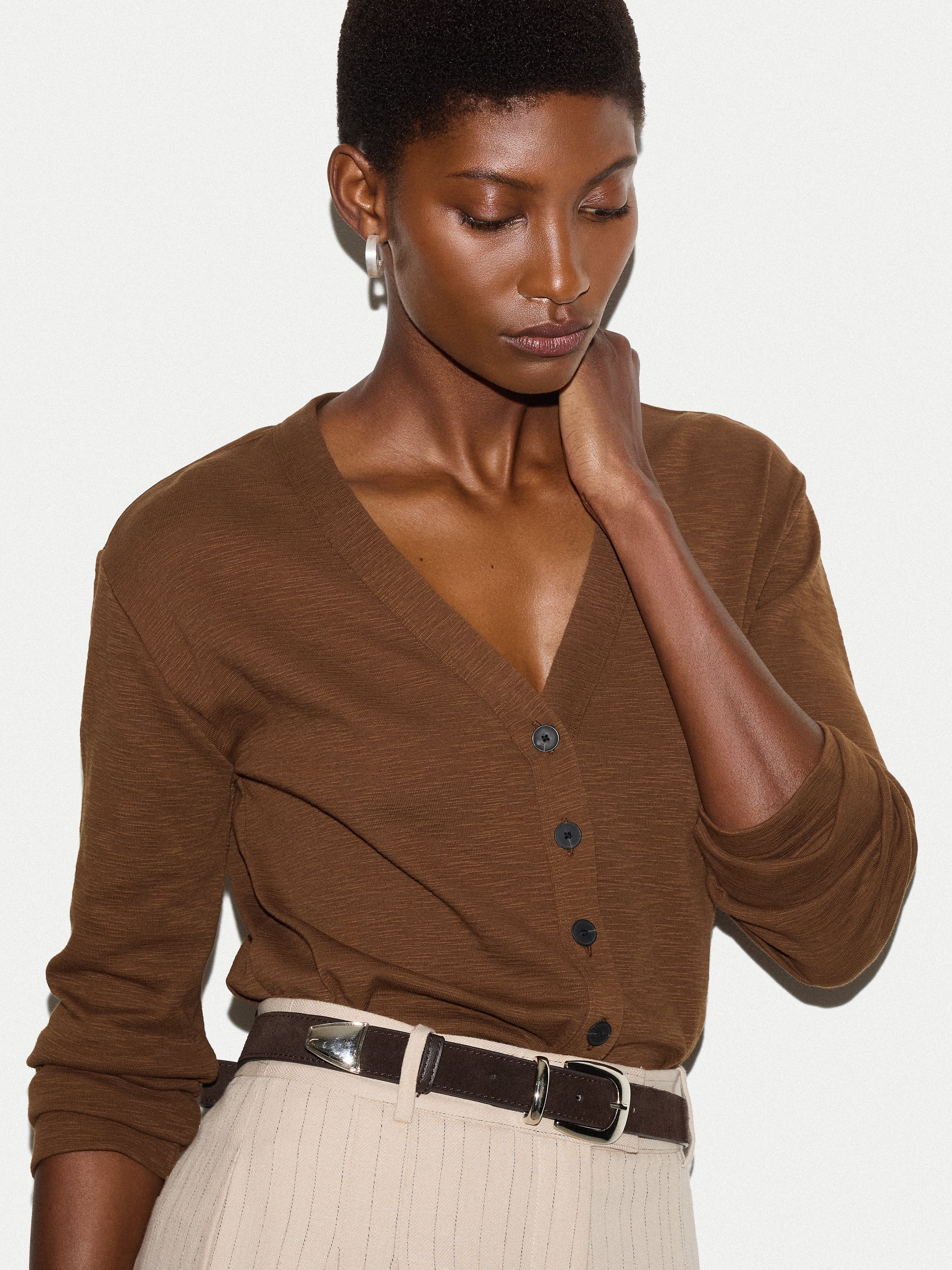 Cotton Luxe V Cardigan | Brown - Image 3