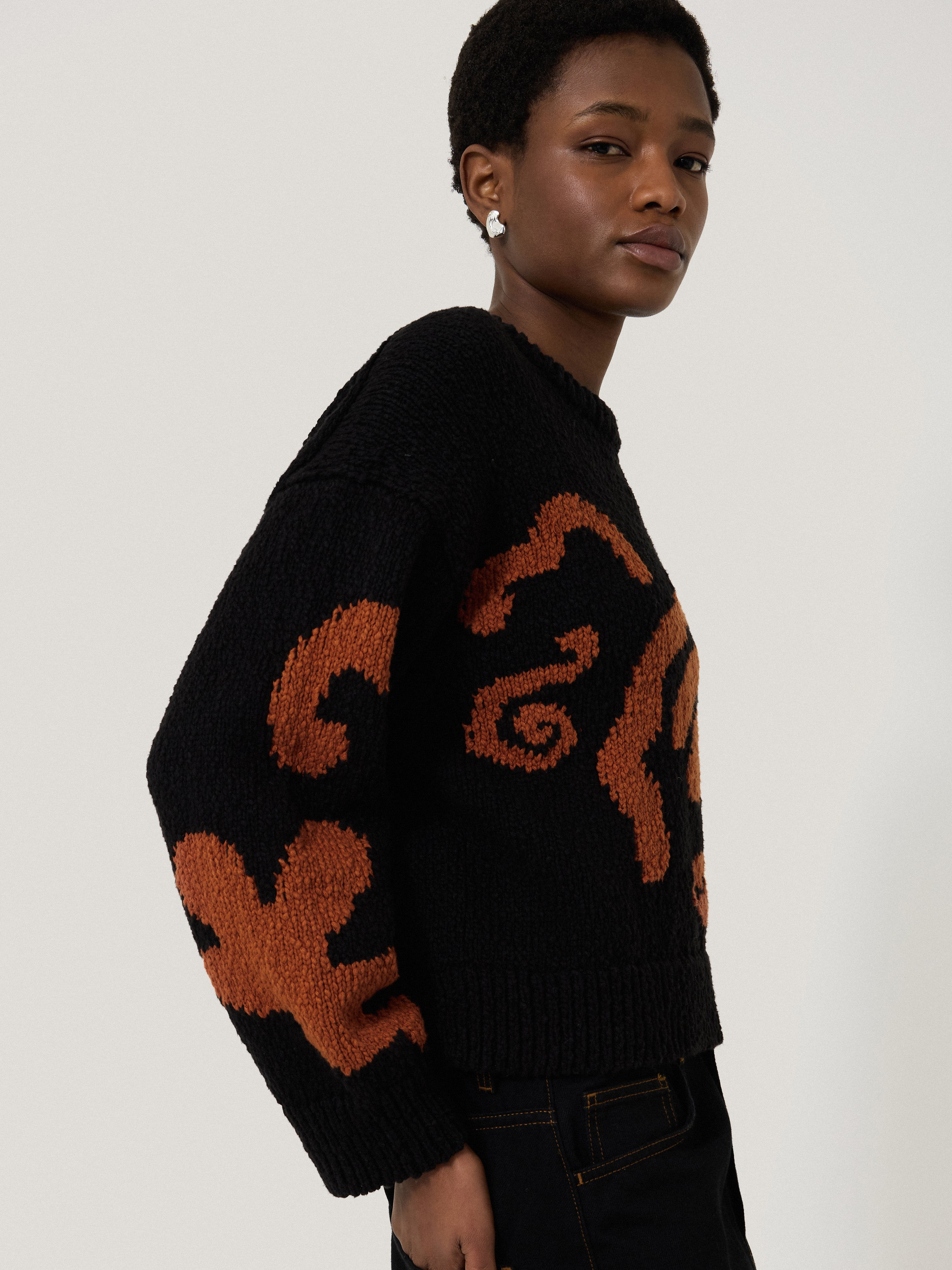 Cotton Motif Intarsia Jumper | Black - Image 3