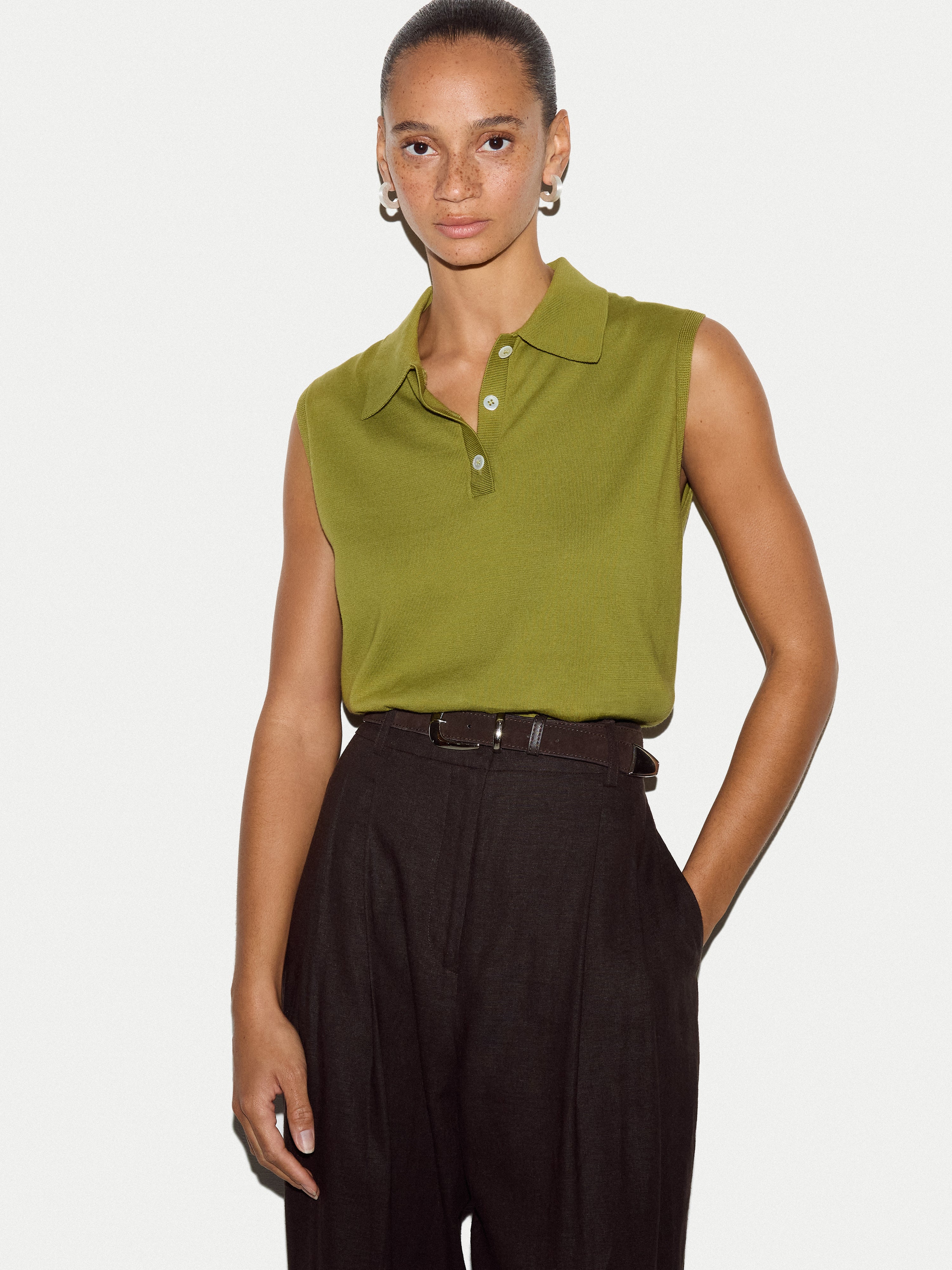 Cotton Sleeveless Polo | Green - Image 3
