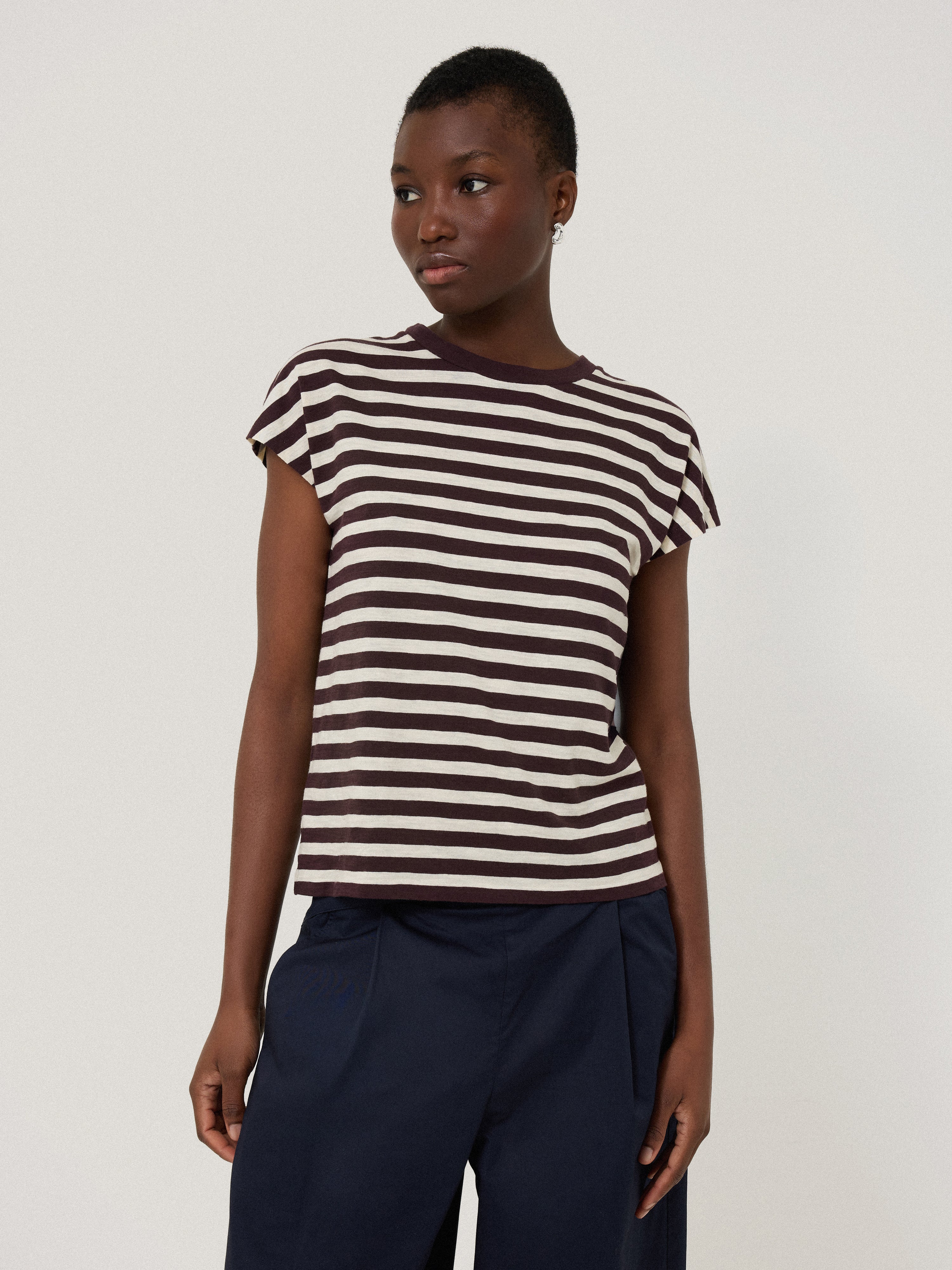 Cotton Slub Stripe Cap Sleeve Top | Oxblood - Image 2
