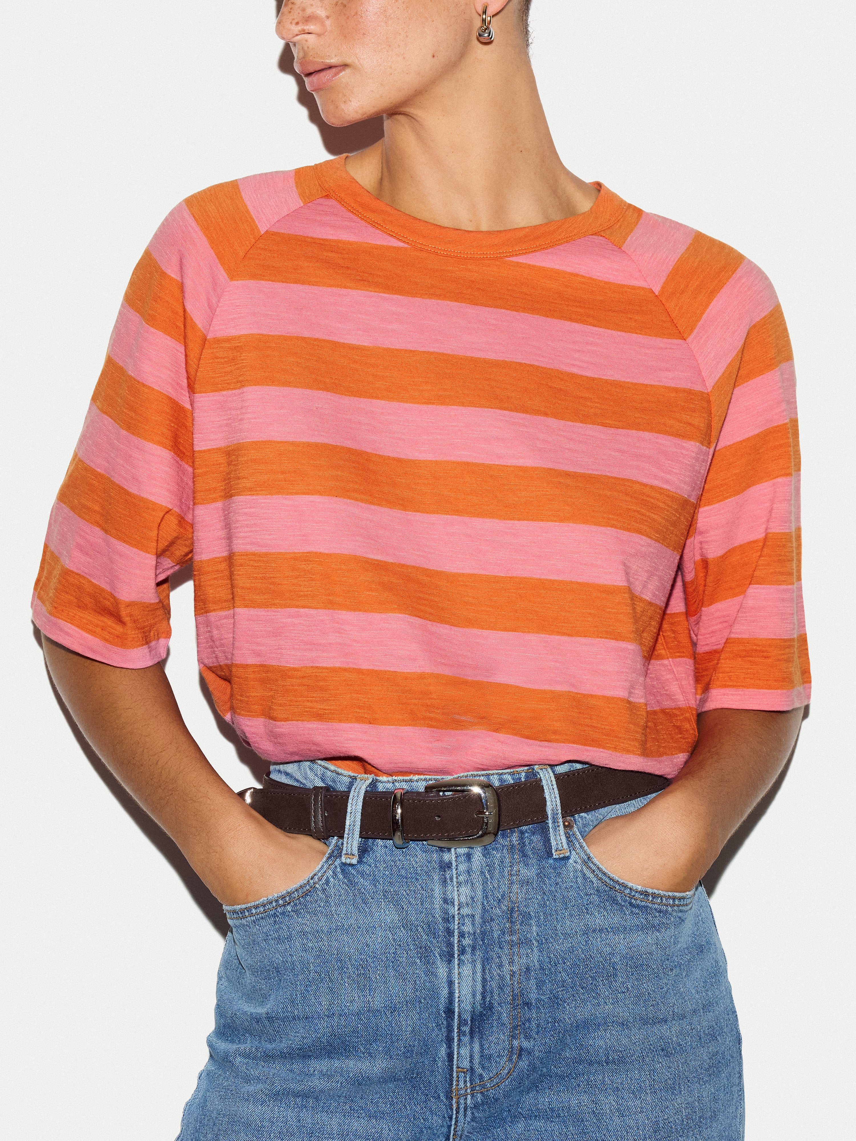 Cotton Slub Stripe Raglan T-shirt | Pink - Image 3