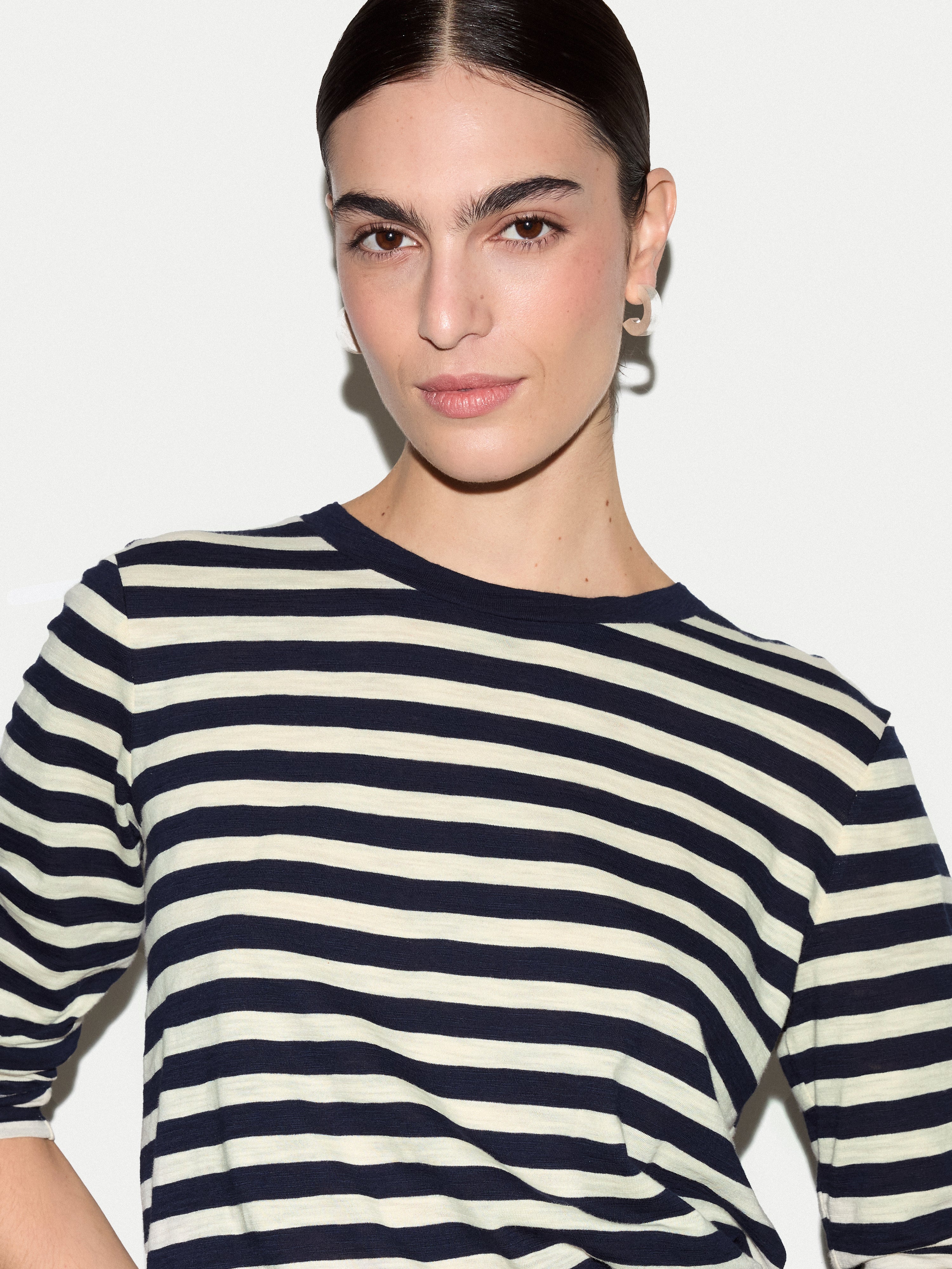 Cotton Stripe Long Sleeve T-shirt | Navy - Image 3