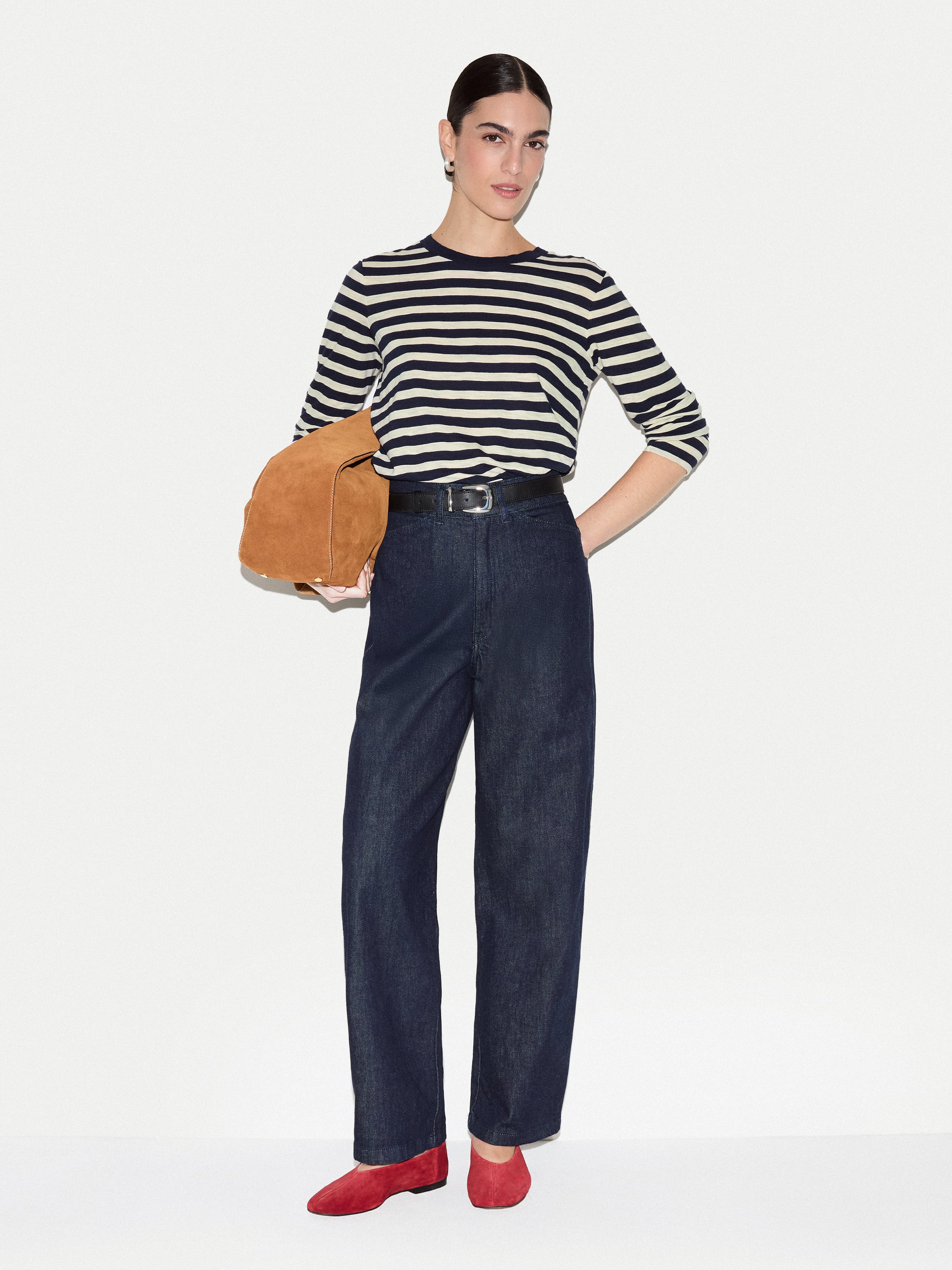 Cotton Stripe Long Sleeve T-shirt | Navy - Image 4