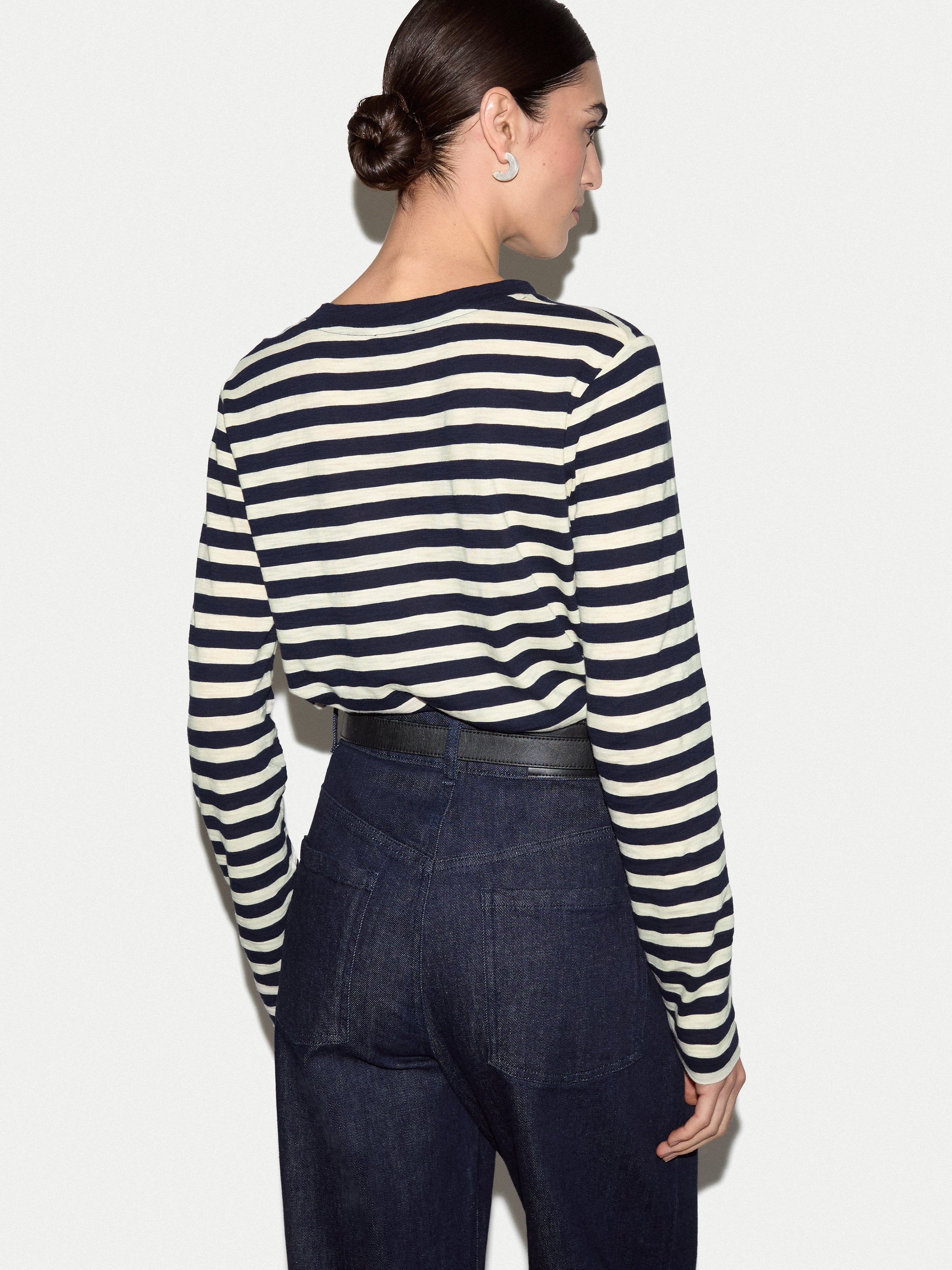 Cotton Stripe Long Sleeve T-shirt | Navy - Image 5