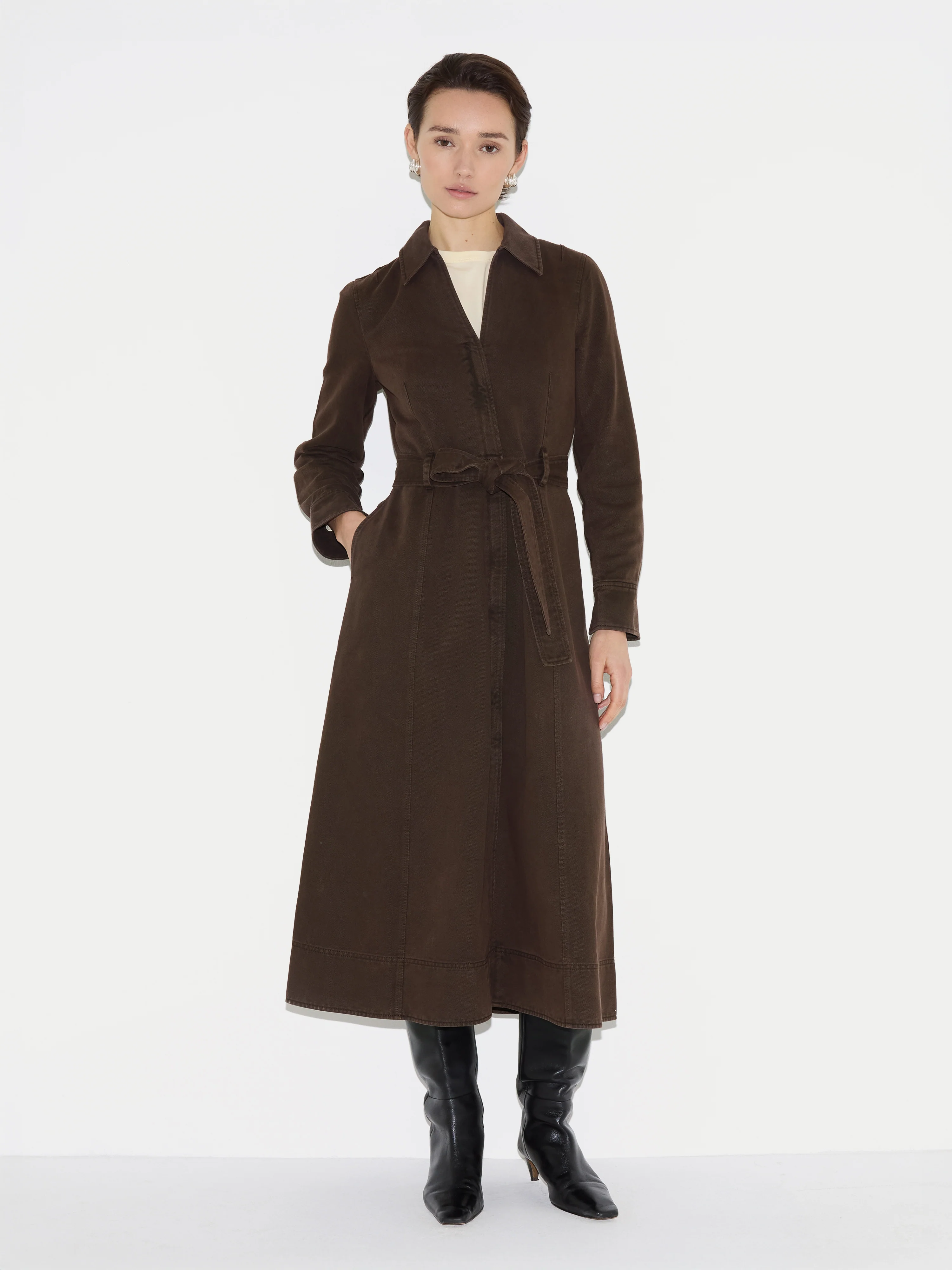 Denim Belted Shirt Dress | Washed Brown