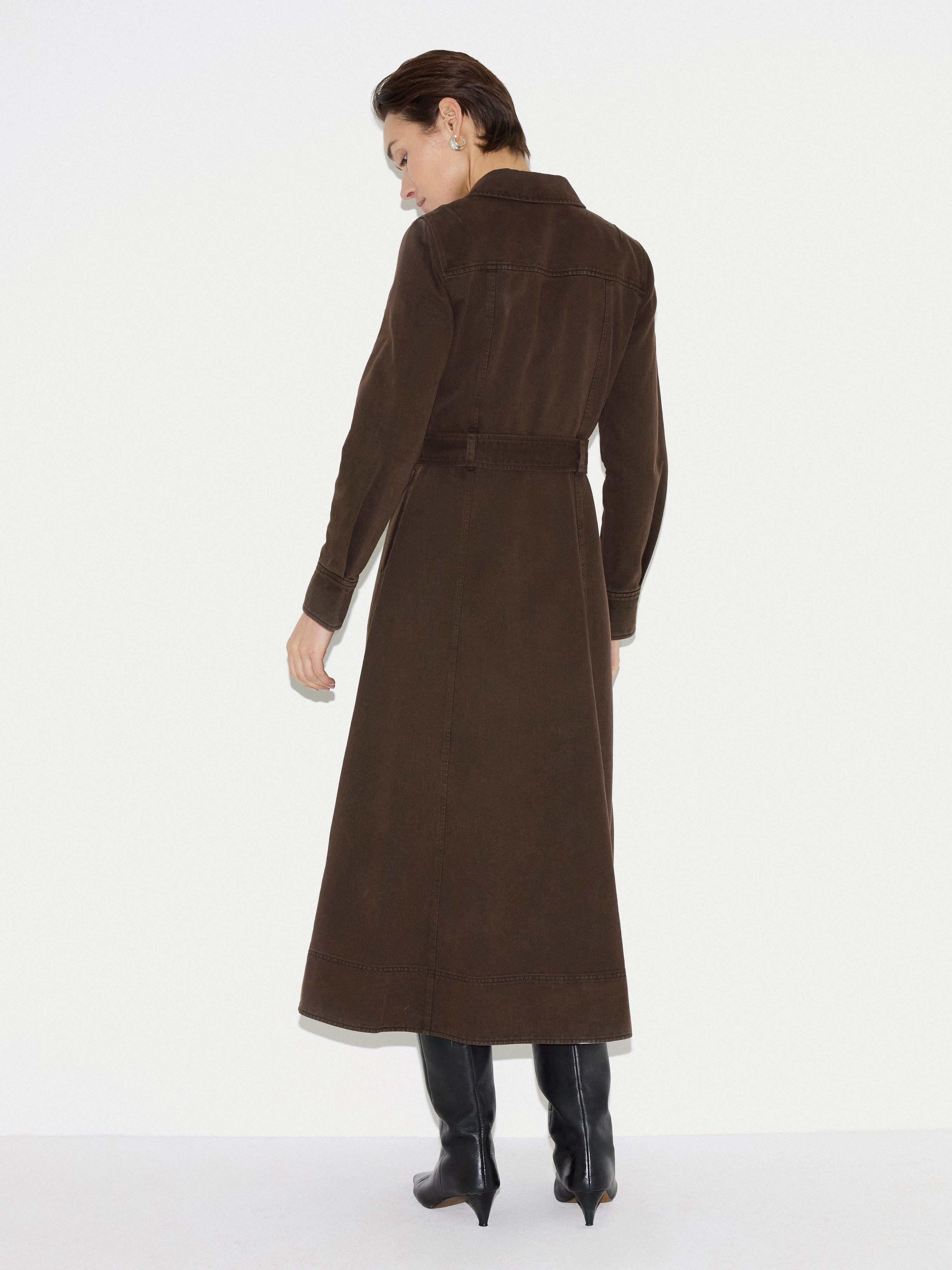 Denim Belted Shirt Dress | Washed Brown - Image 4