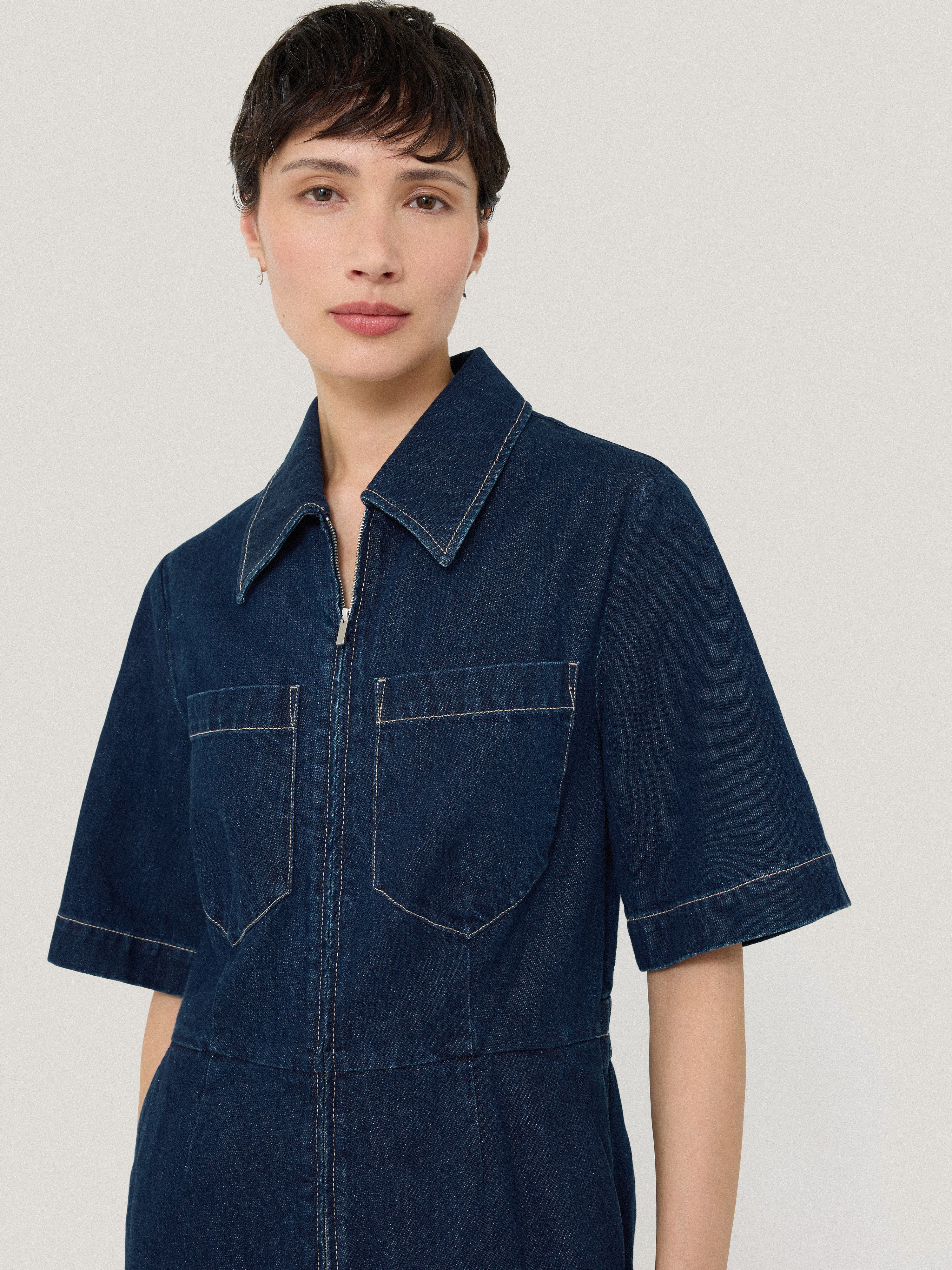 Denim Contrast Stitch Jumpsuit | Indigo - Image 2