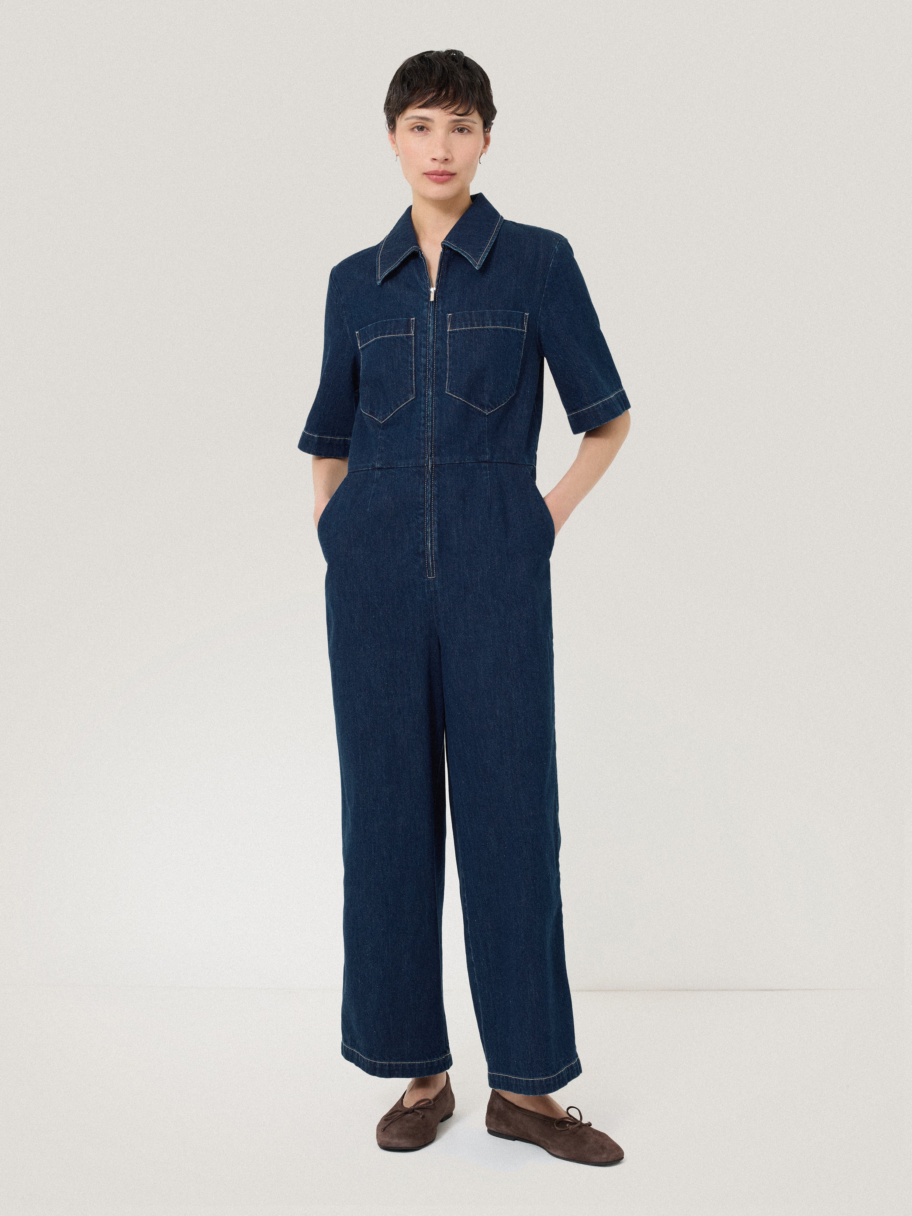 Denim Contrast Stitch Jumpsuit | Indigo - Image 3
