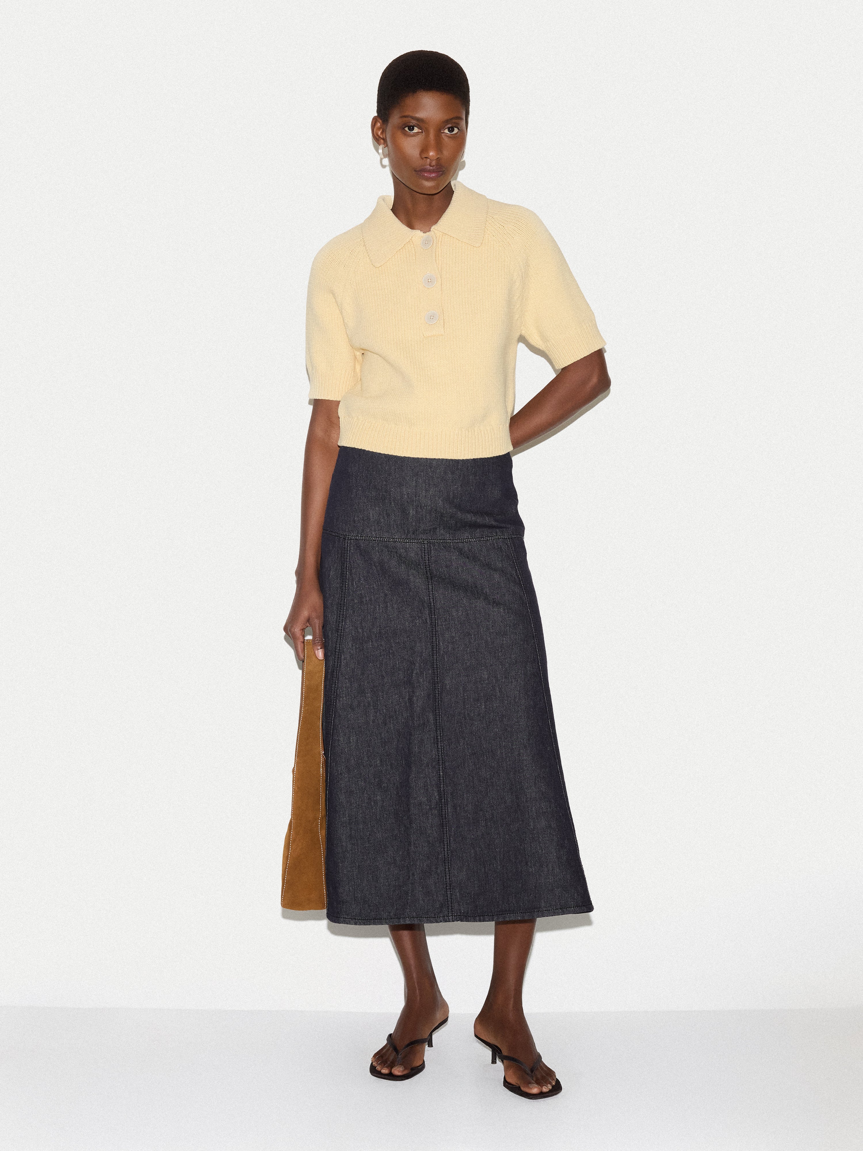 Denim Flared Midi Skirt | Indigo