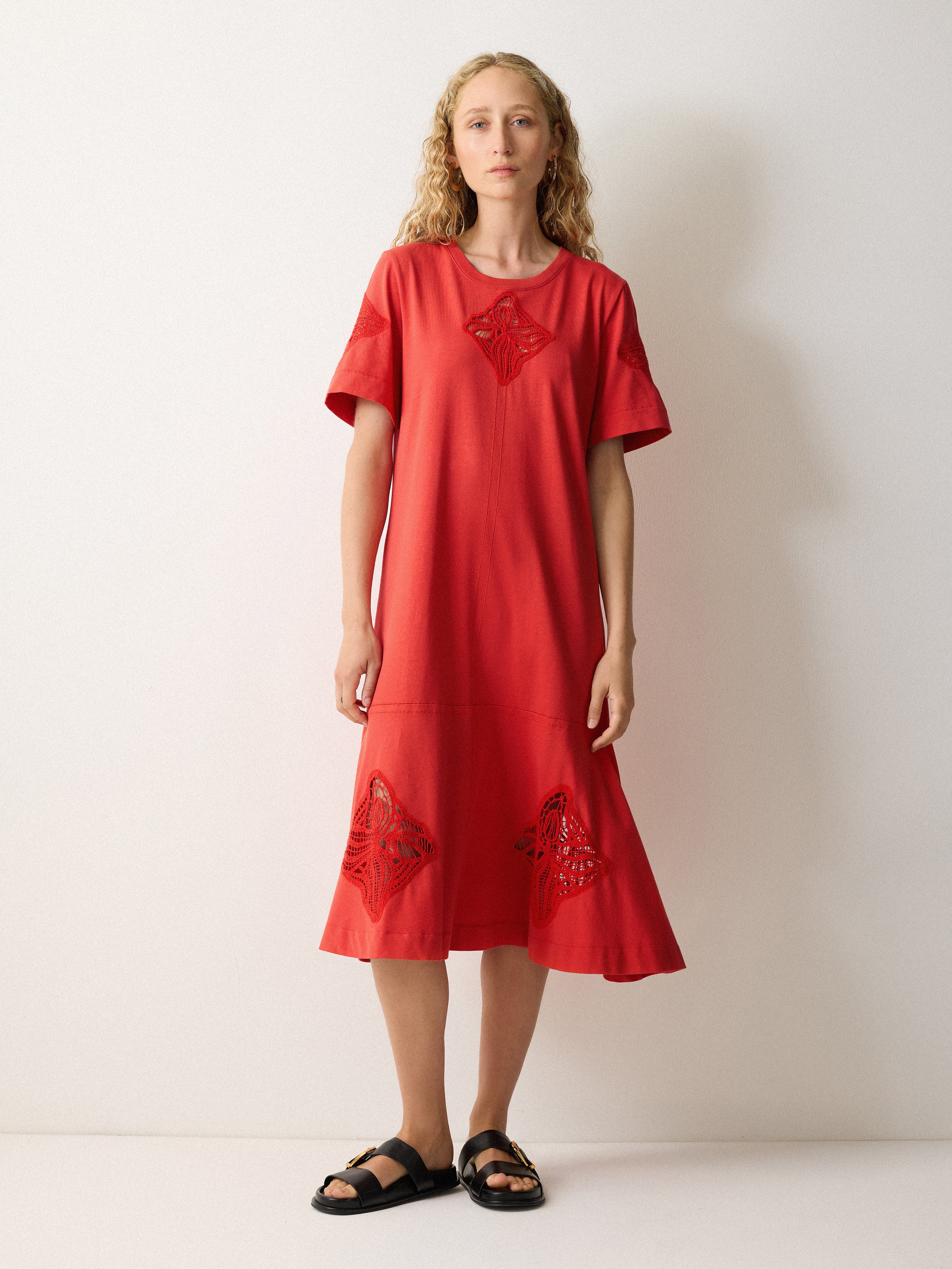 Embroidered Midi Tshirt Dress | Red - Image 2
