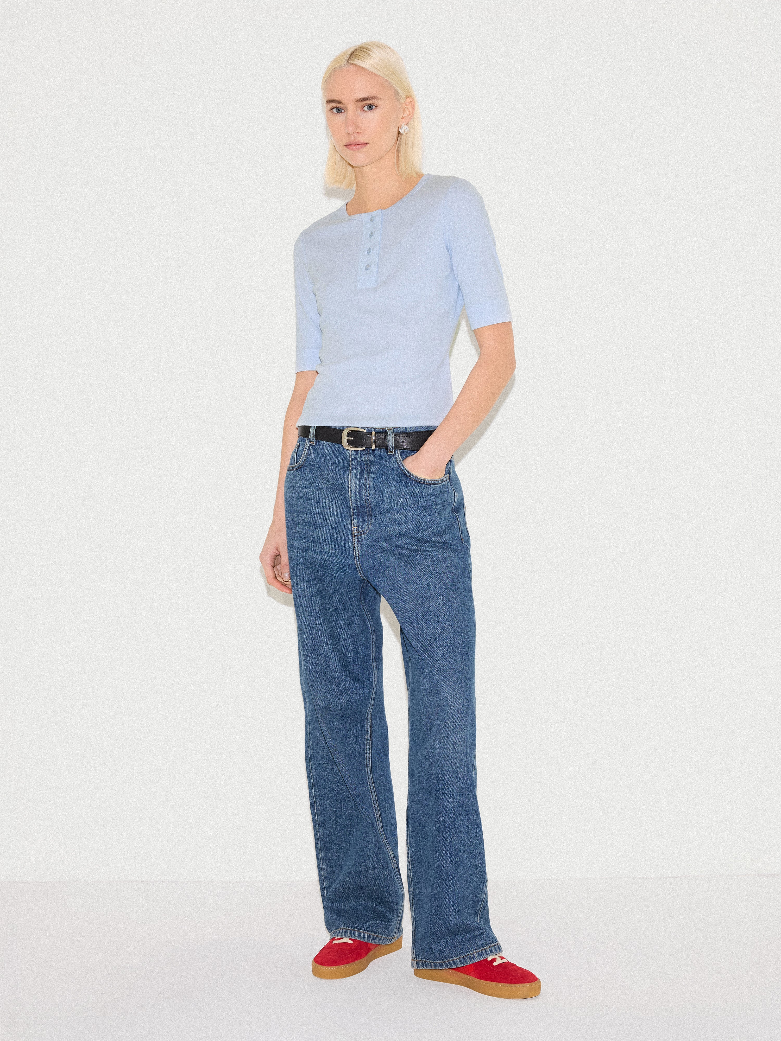 Fine Rib Half Sleeve Henley T-shirt | Blue - Image 2