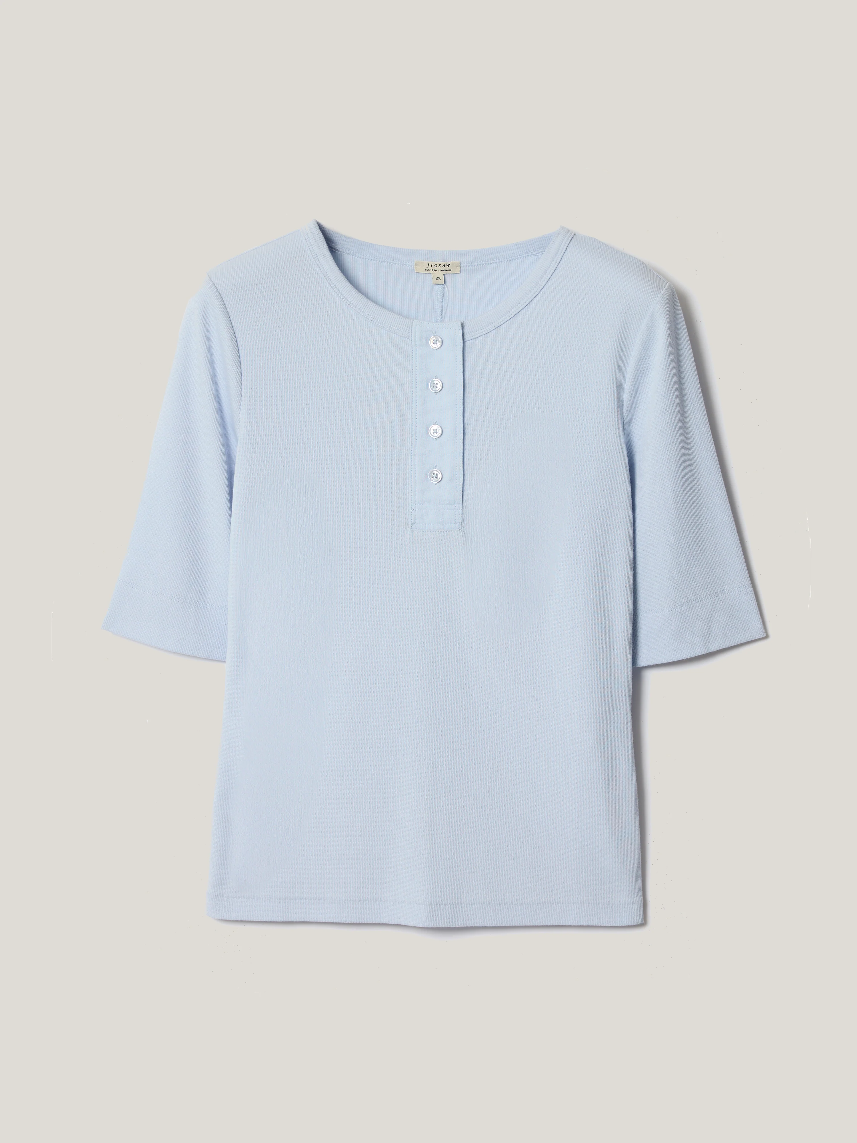 Fine Rib Half Sleeve Henley T-shirt | Blue - Image 6