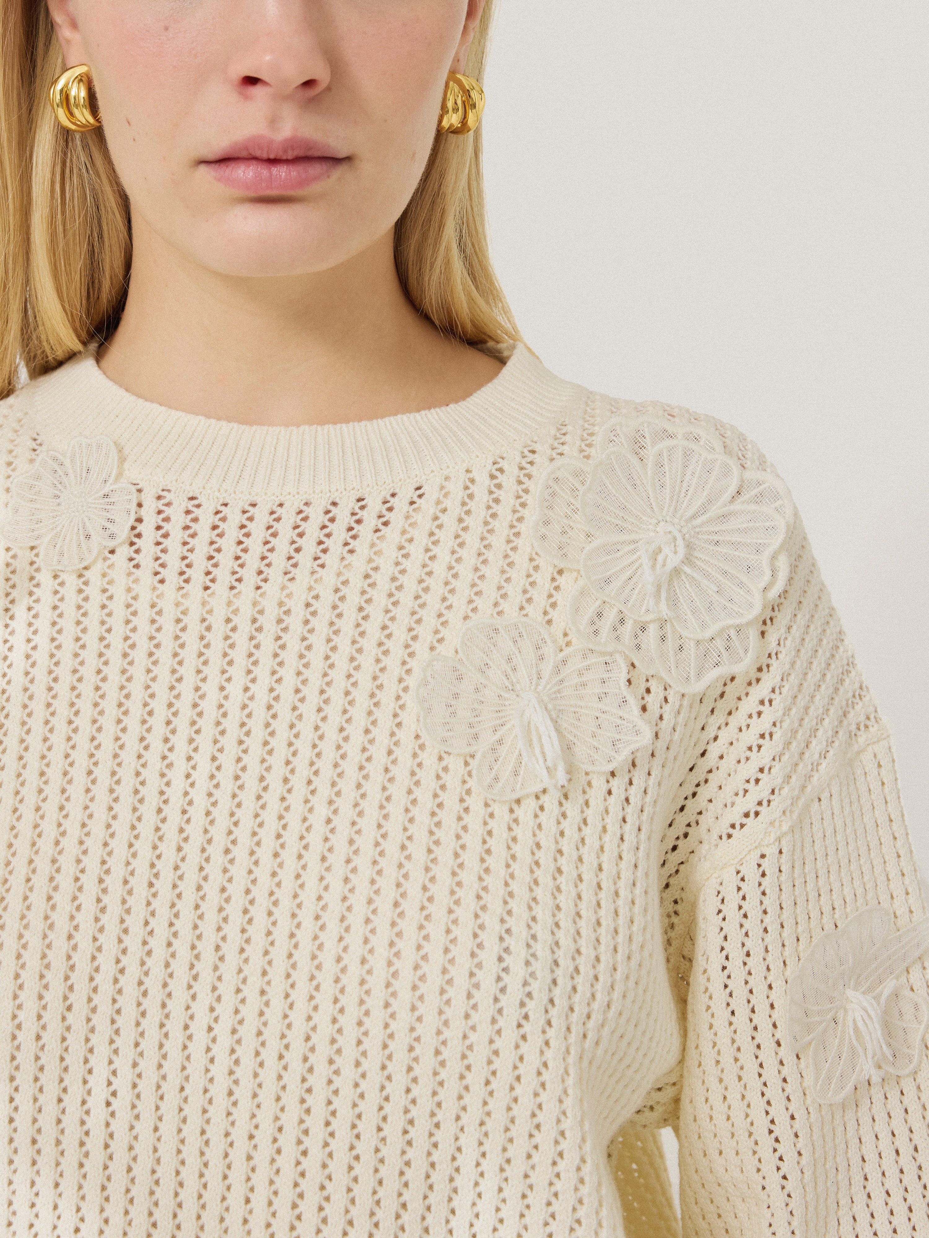 Floral Applique Knit Top | Cream - Image 3