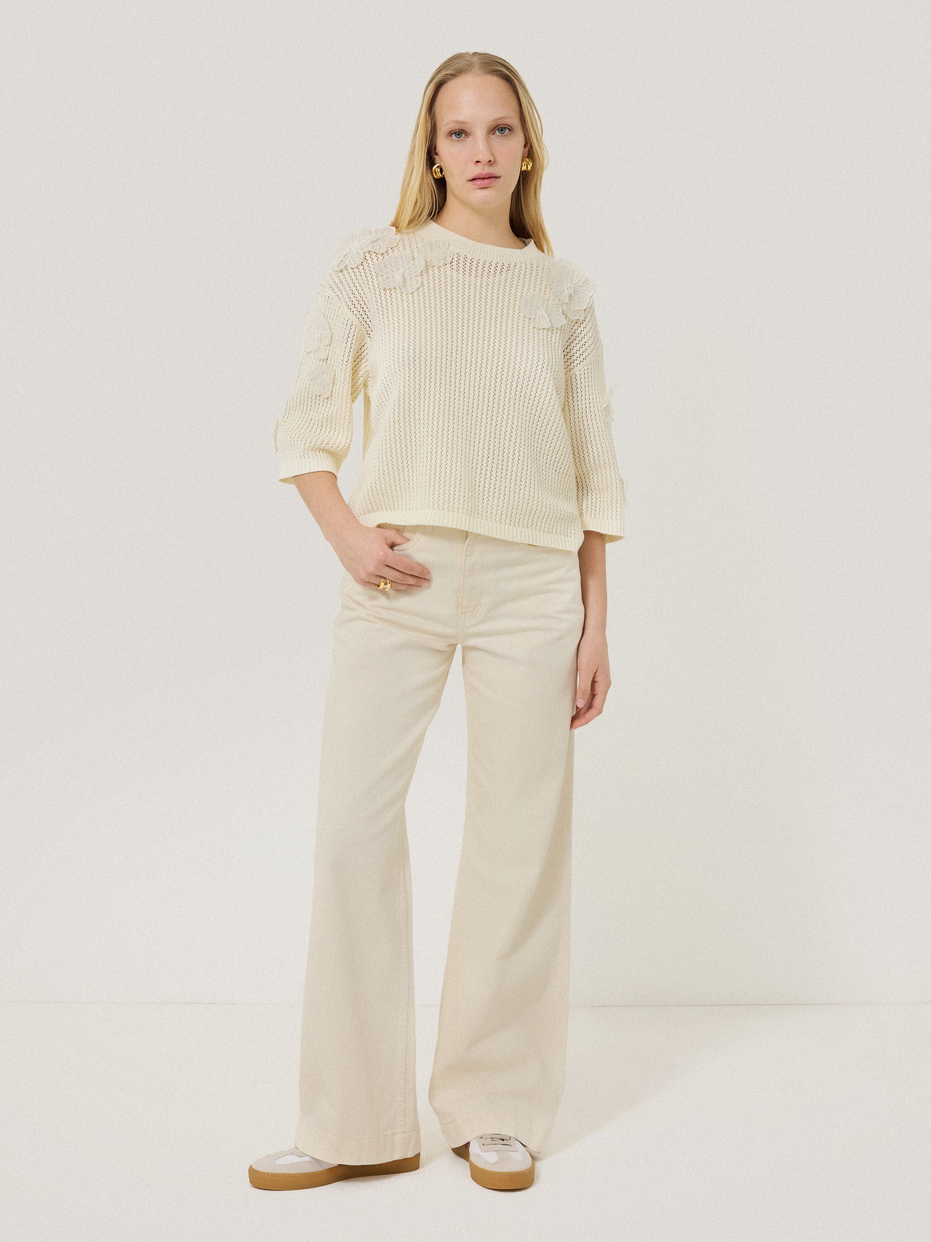 Floral Applique Knit Top | Cream - Image 4