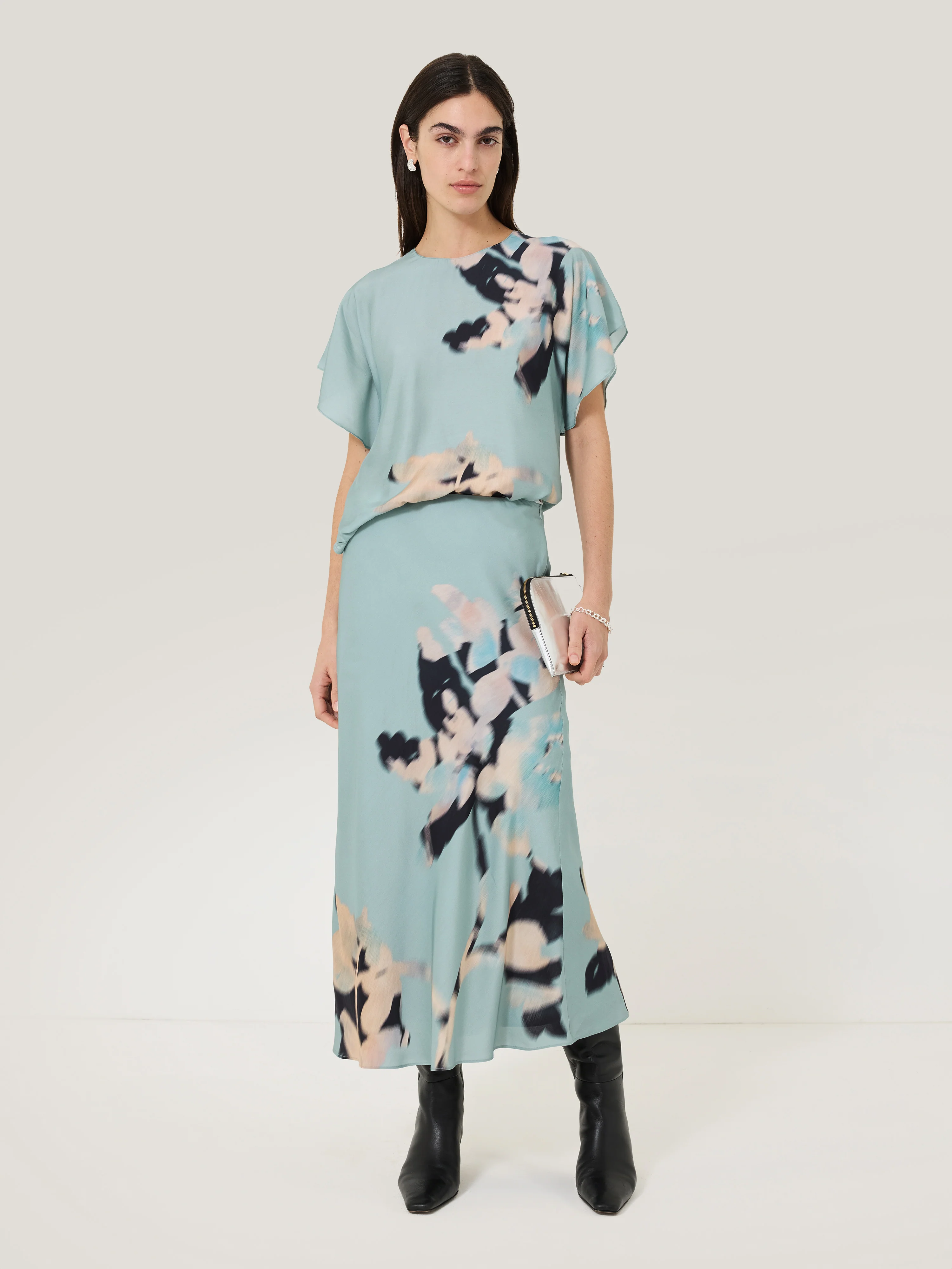 Floral Drift Silk Blend Skirt | Blue - Image 5