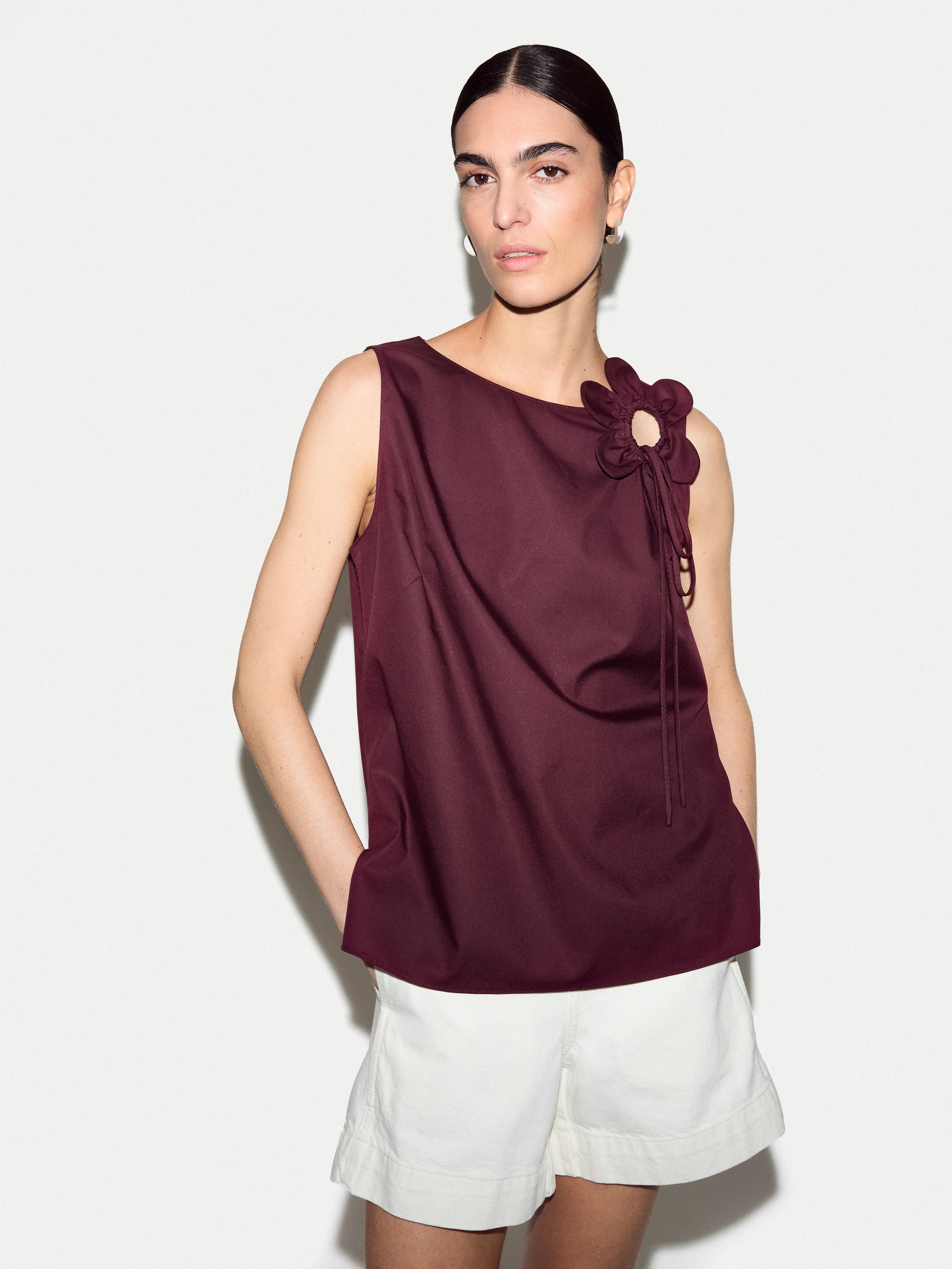 Flower Applique Cotton Top | Burgundy - Image 3