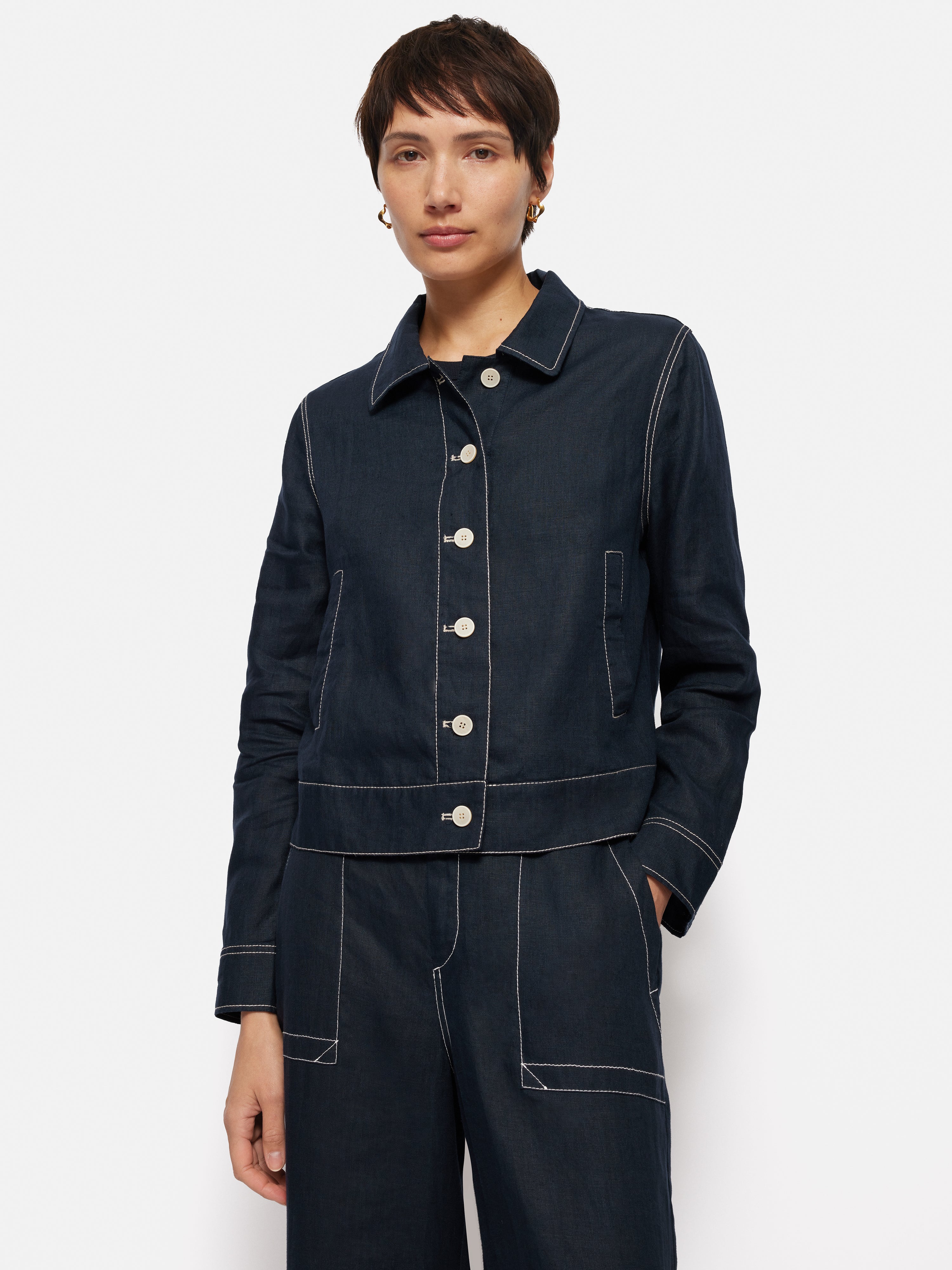 French Linen Cropped Jacket | Navy - Image 10