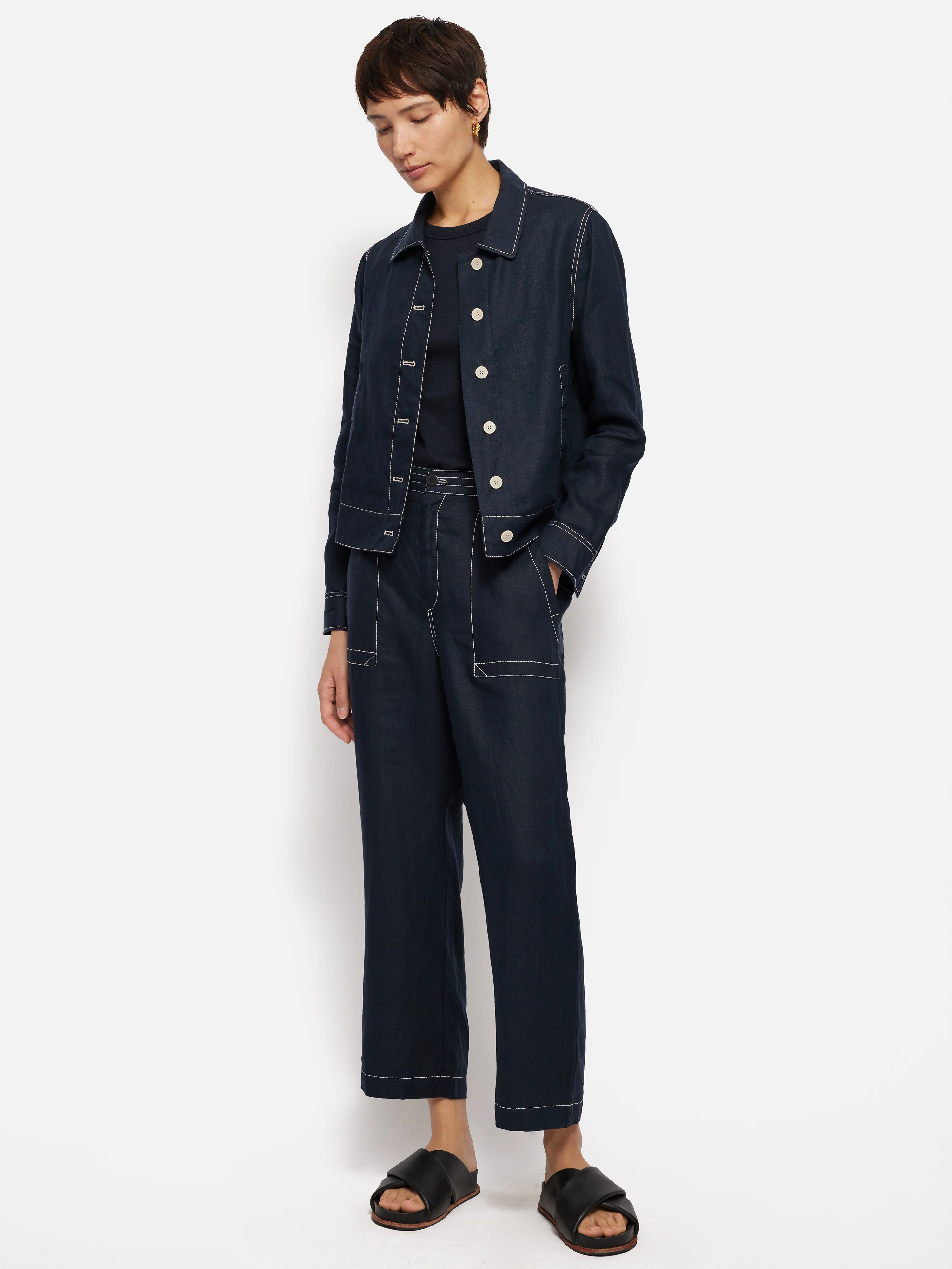 French Linen Cropped Jacket | Navy - Image 6