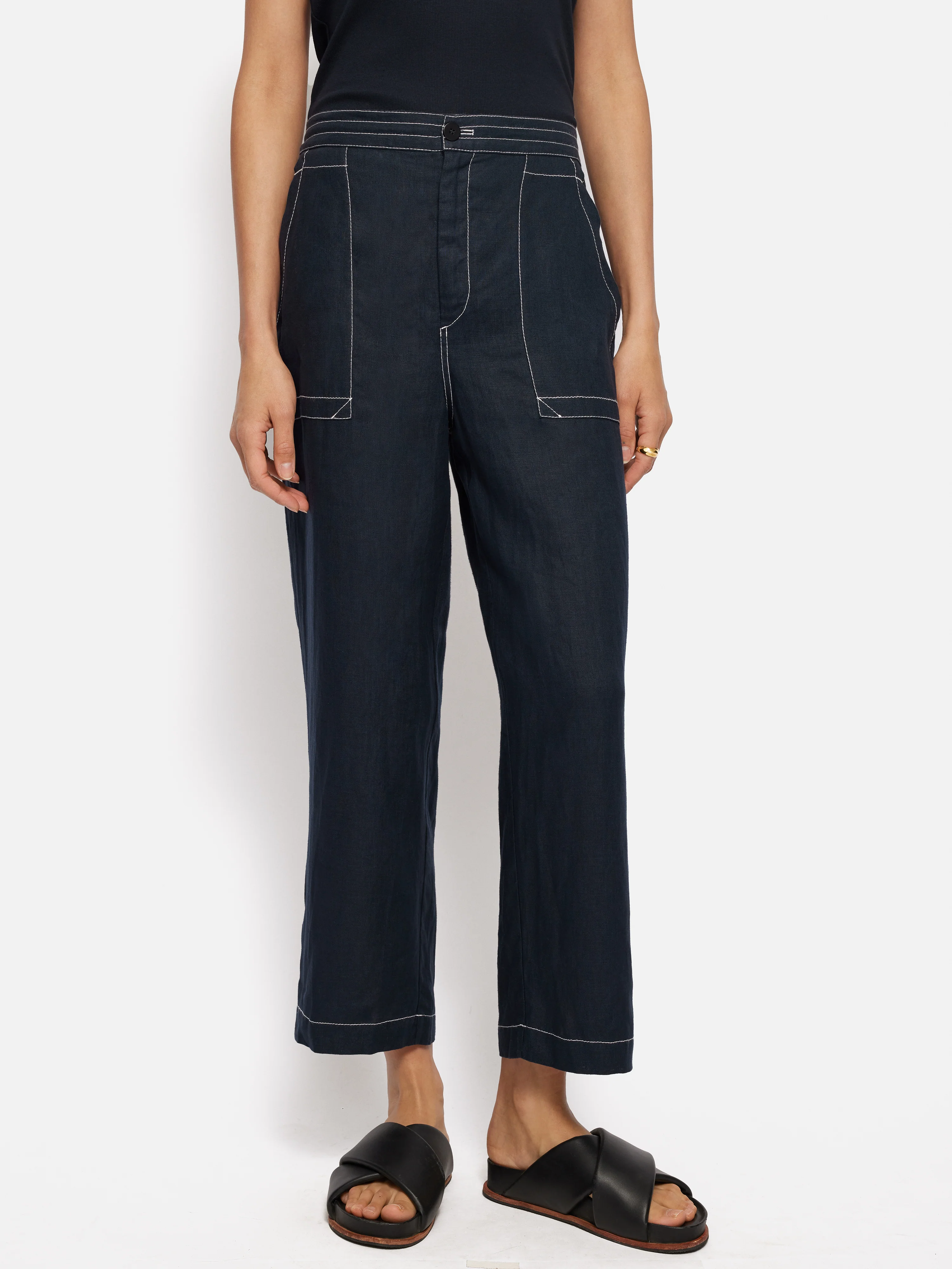 French Linen Cropped Trouser | Navy - Image 2
