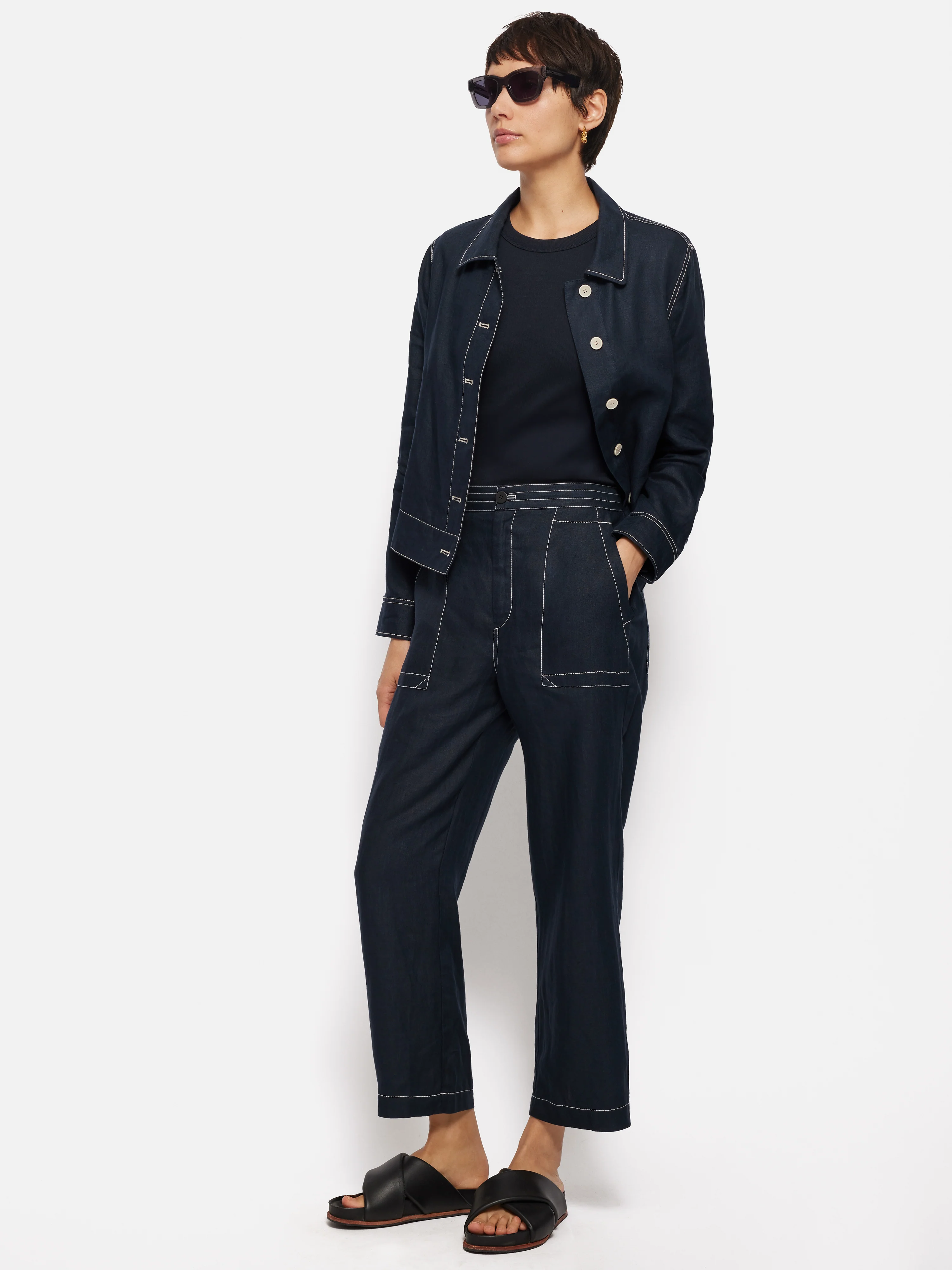 French Linen Cropped Trouser | Navy - Image 5