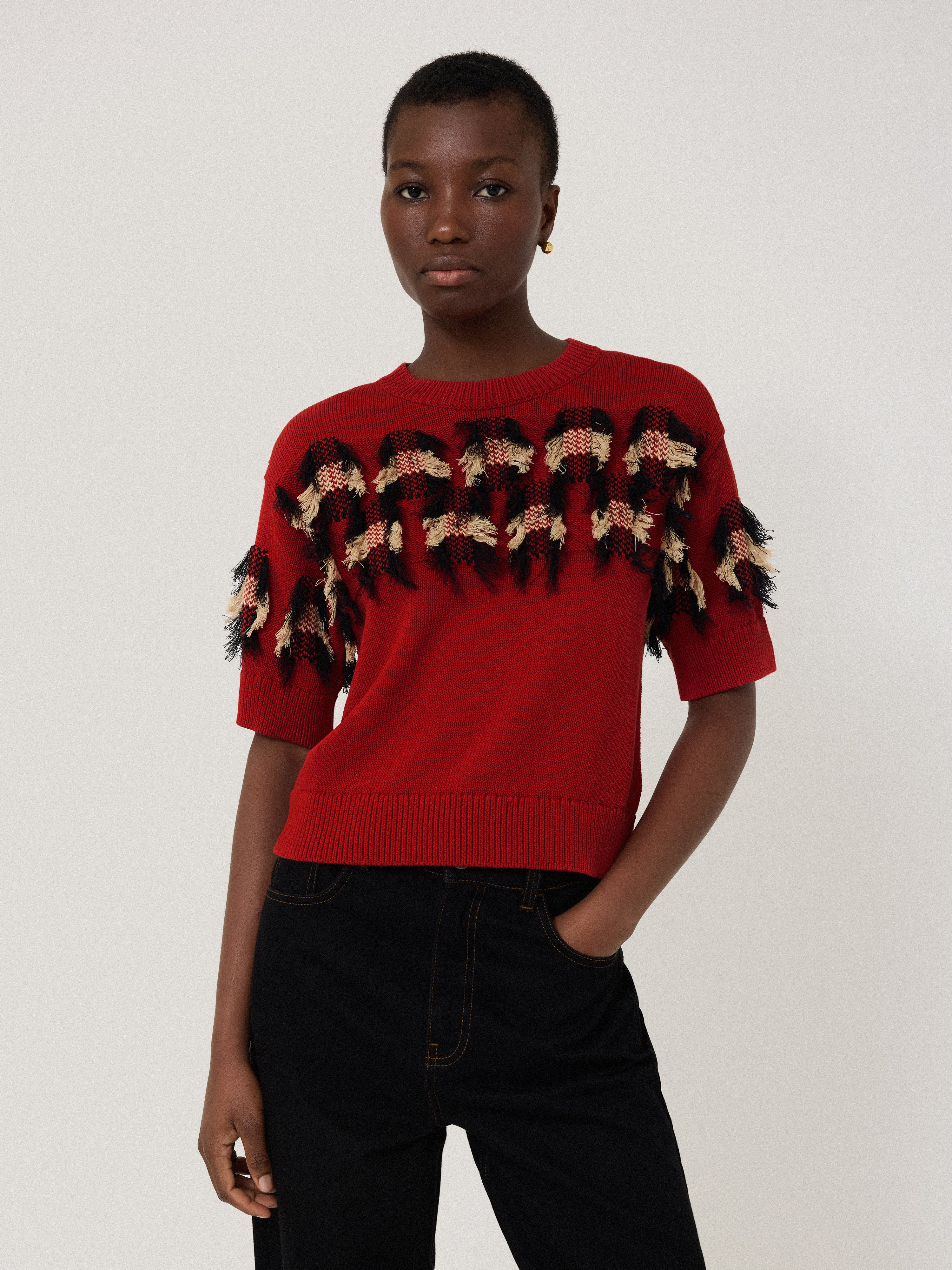 Fringe Jacquard Knit Top | Orange