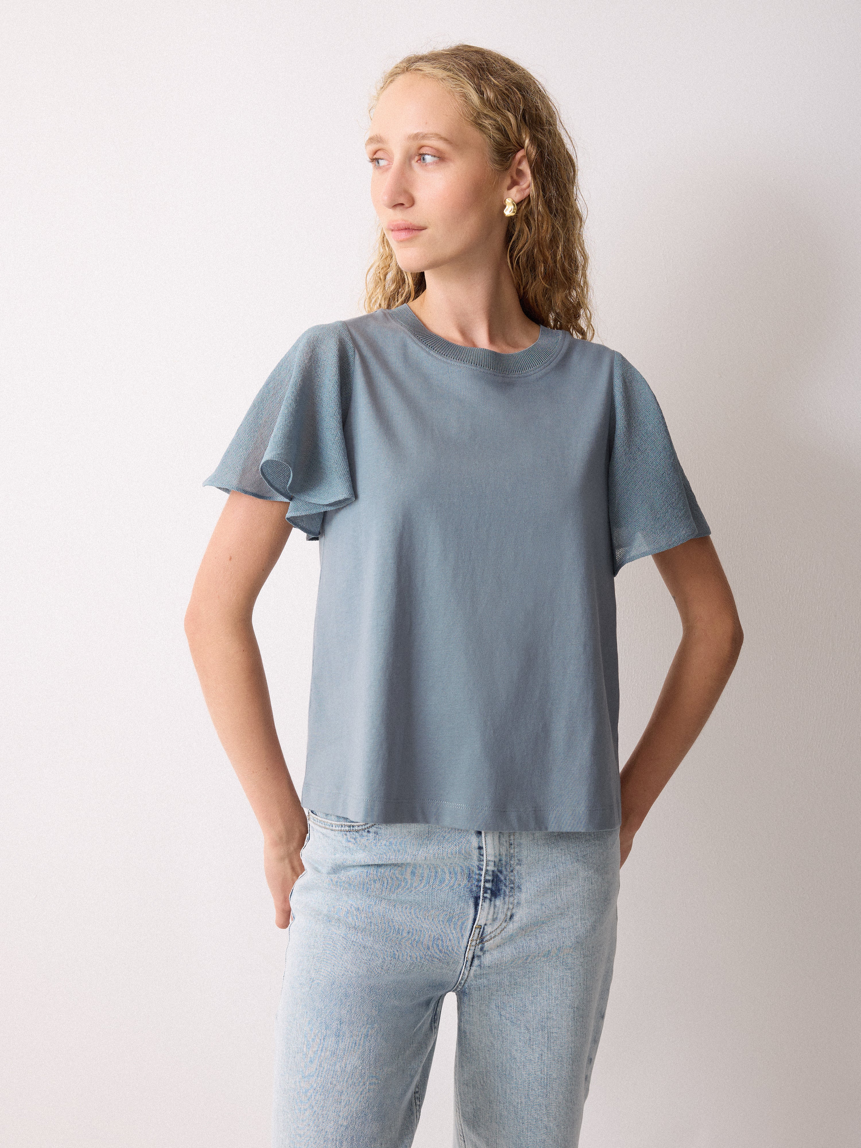 Gauze Sleeve Jersey Top | Blue - Image 3