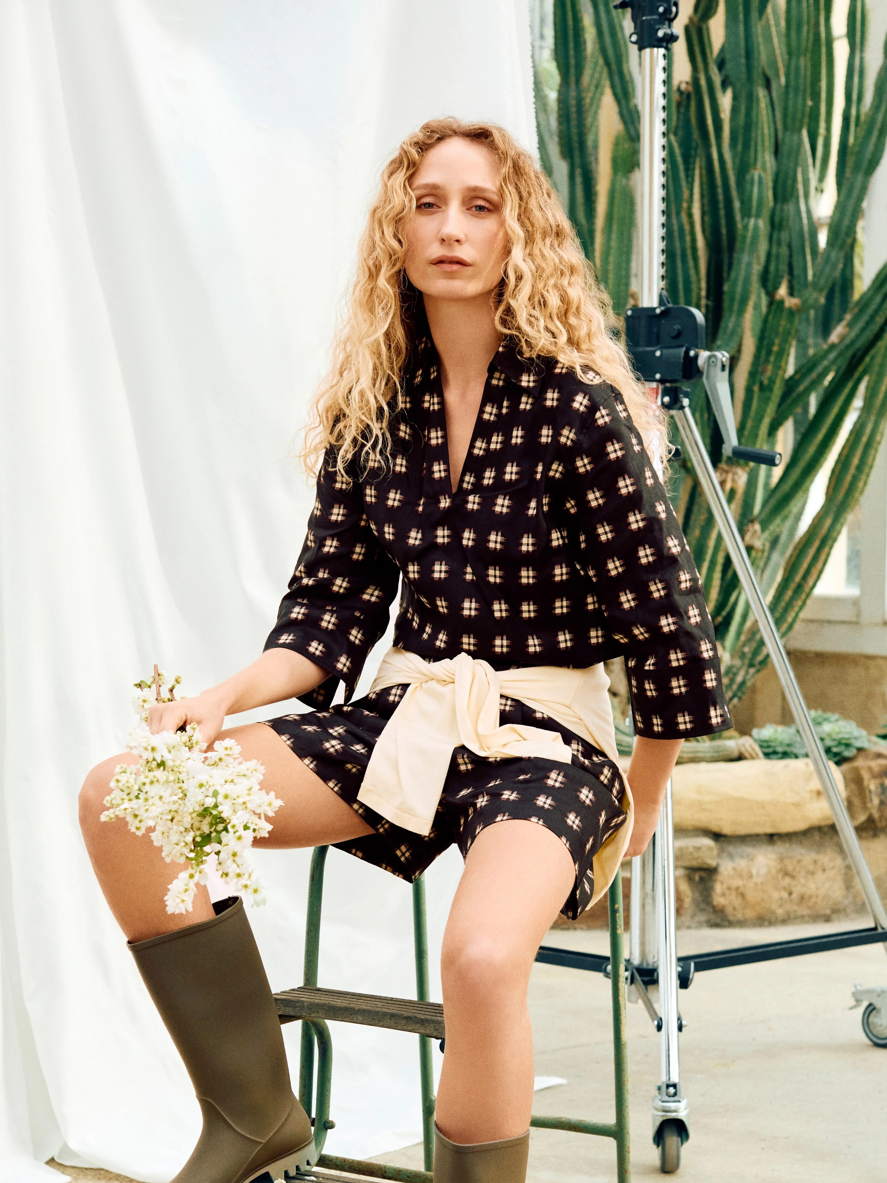 Geo Check Linen Tunic | Black