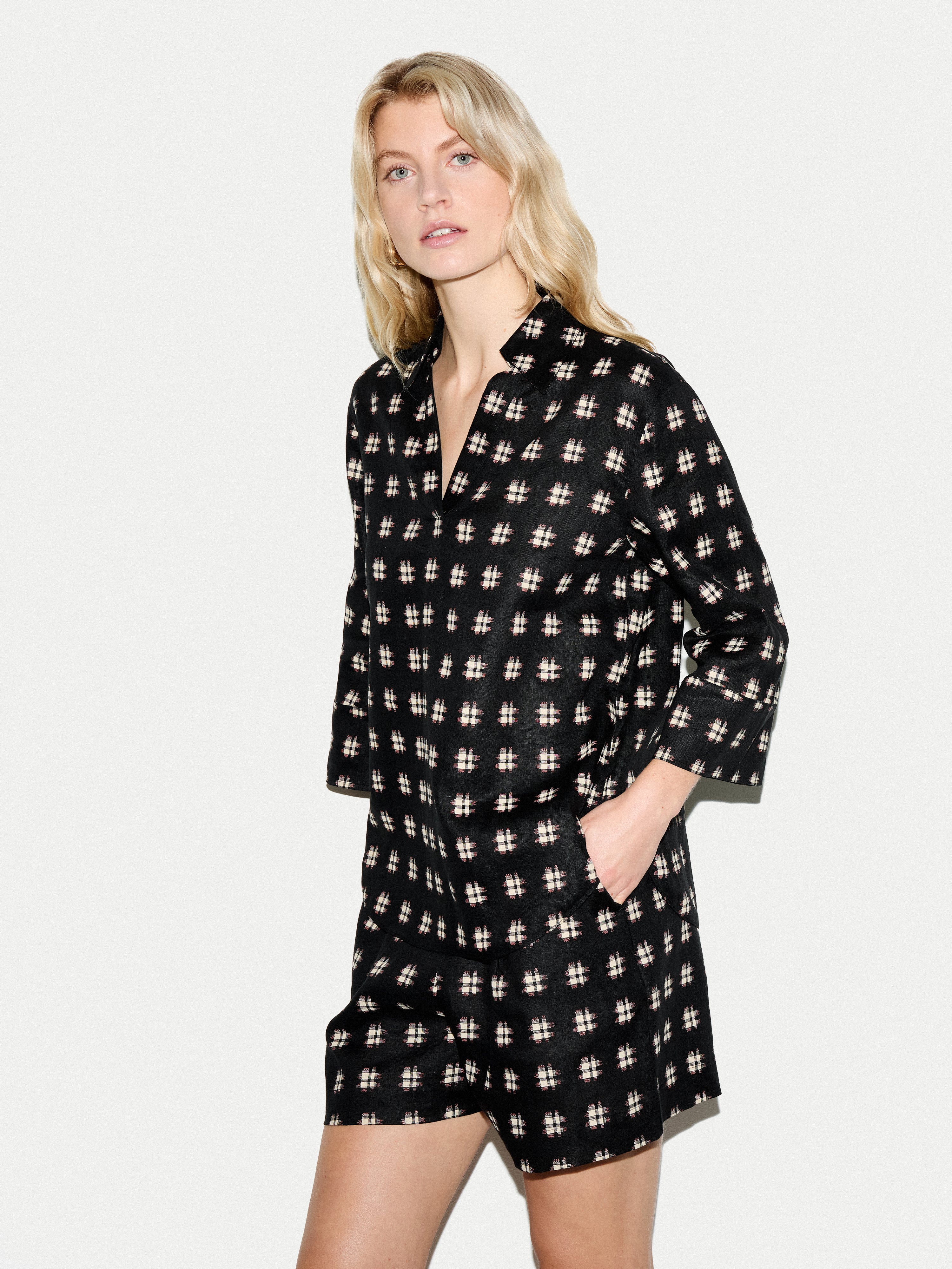 Geo Check Linen Tunic | Black - Image 2